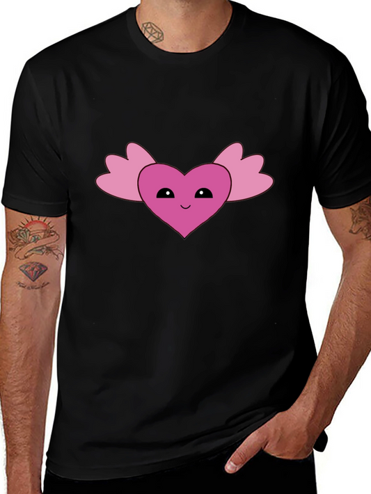 Cute Heart Wings Graphic Tee - Black Cotton T-Shirt