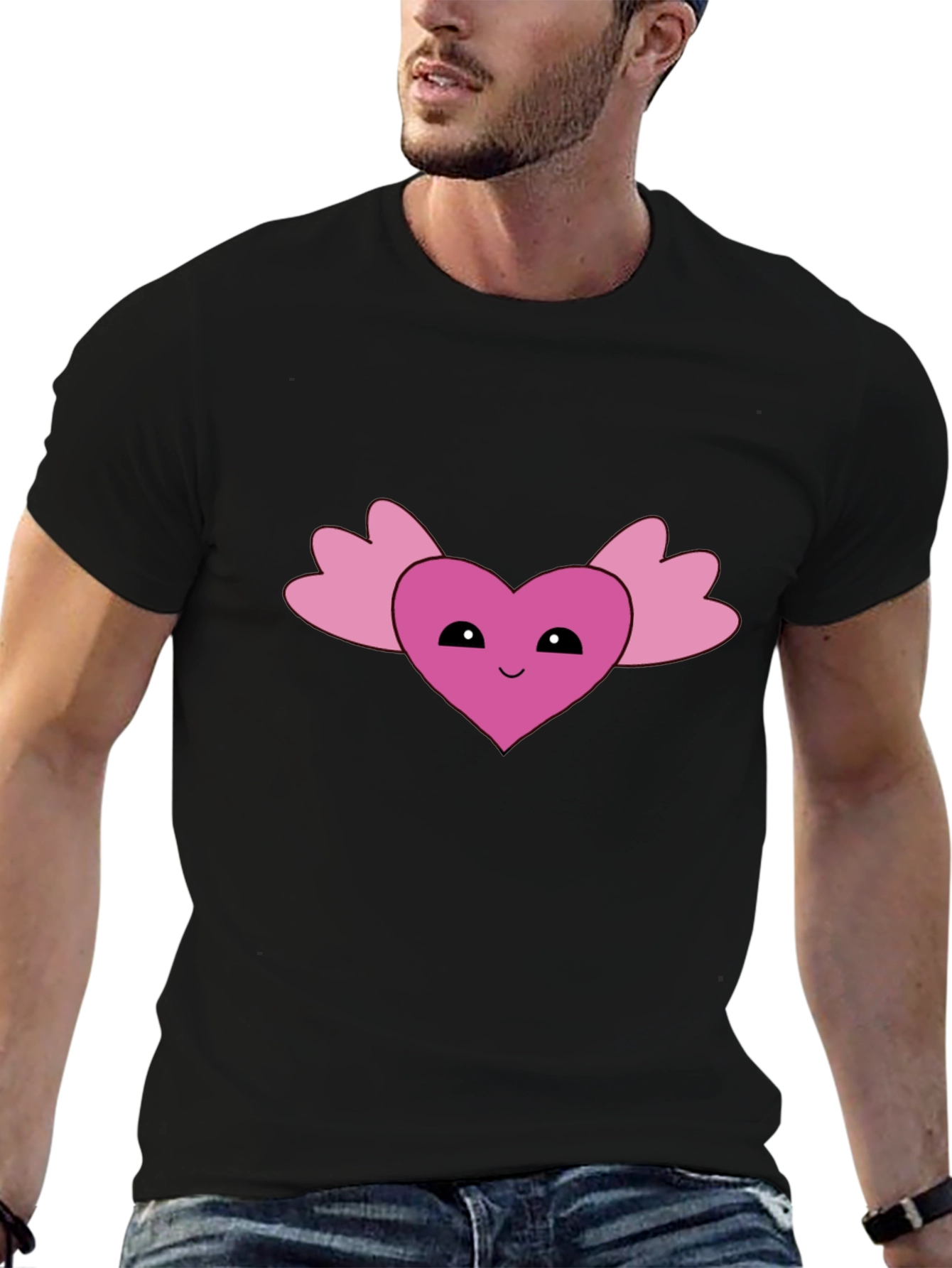 Cute Heart Wings Graphic Tee - Black Cotton T-Shirt