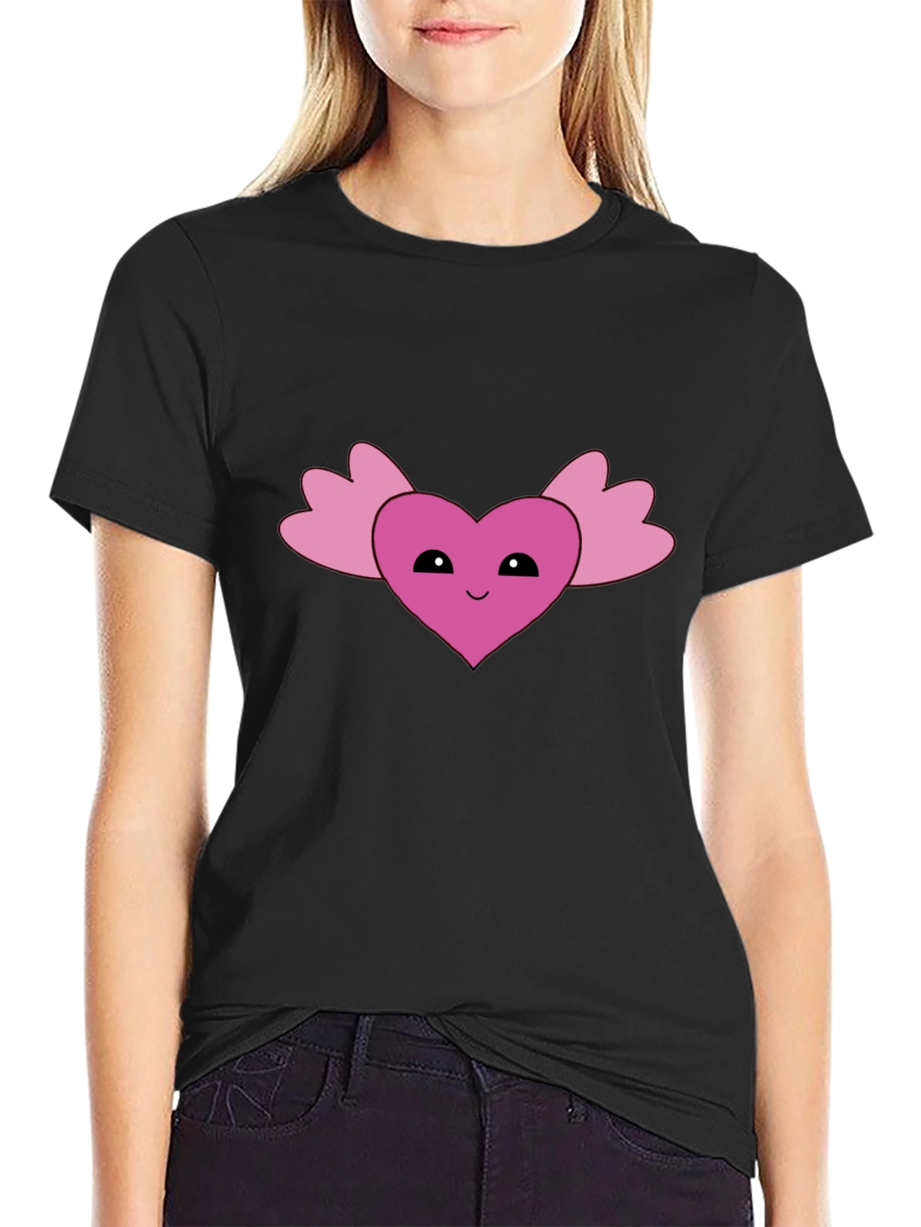 Cute Heart Wings Graphic Tee - Black Cotton T-Shirt