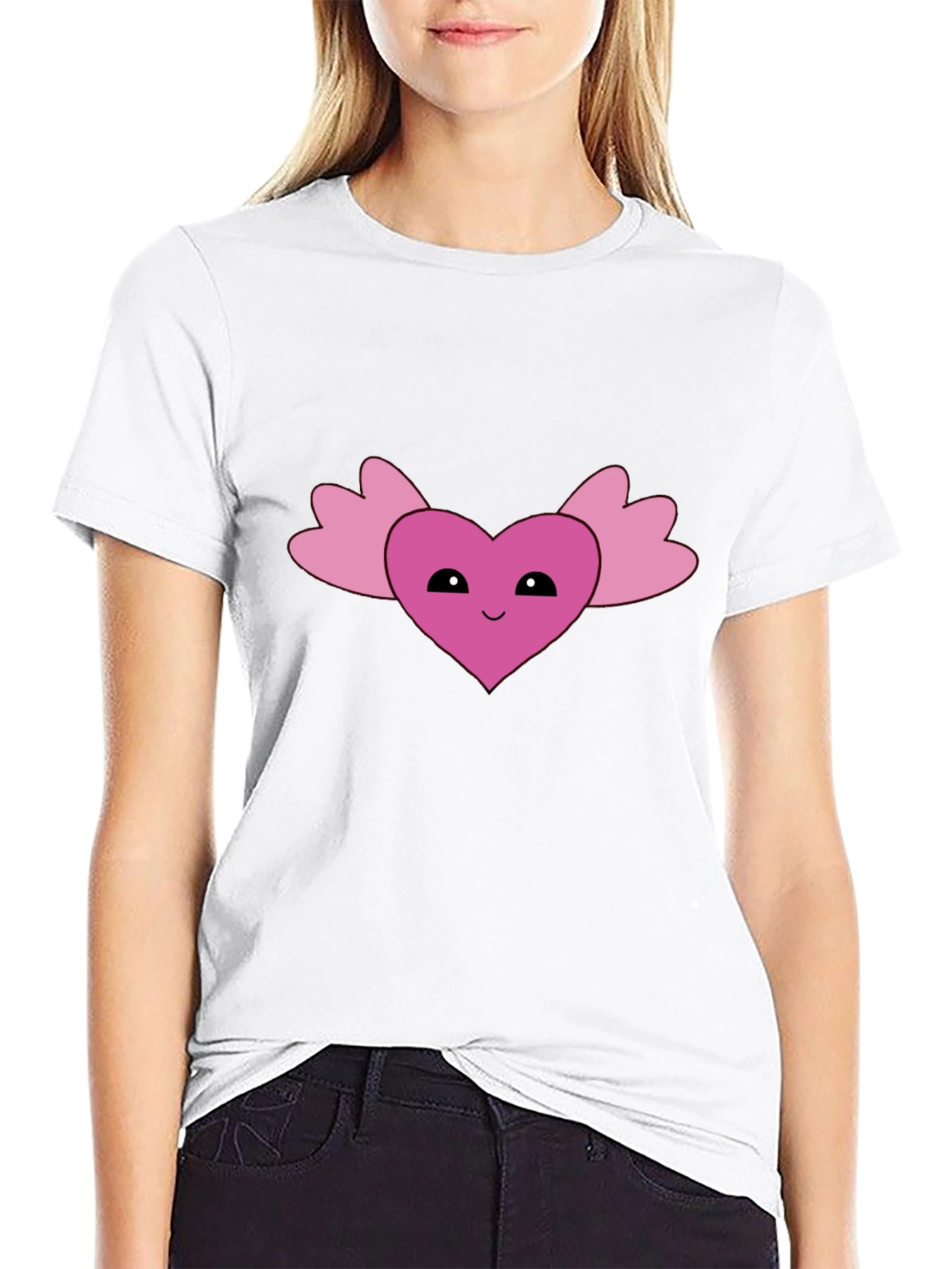 Cute Heart Wings Graphic Tee - Black Cotton T-Shirt