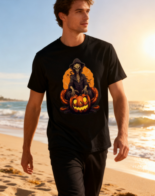 Halloween Skeleton Pumpkin Graphic T-Shirt - 100% Cotton, Versatile for Halloween & Casual Occasions. With a one-of-a-kind skeleton and pumpkin design you won't find anywhere else, get ready to be the star of the haunted night!