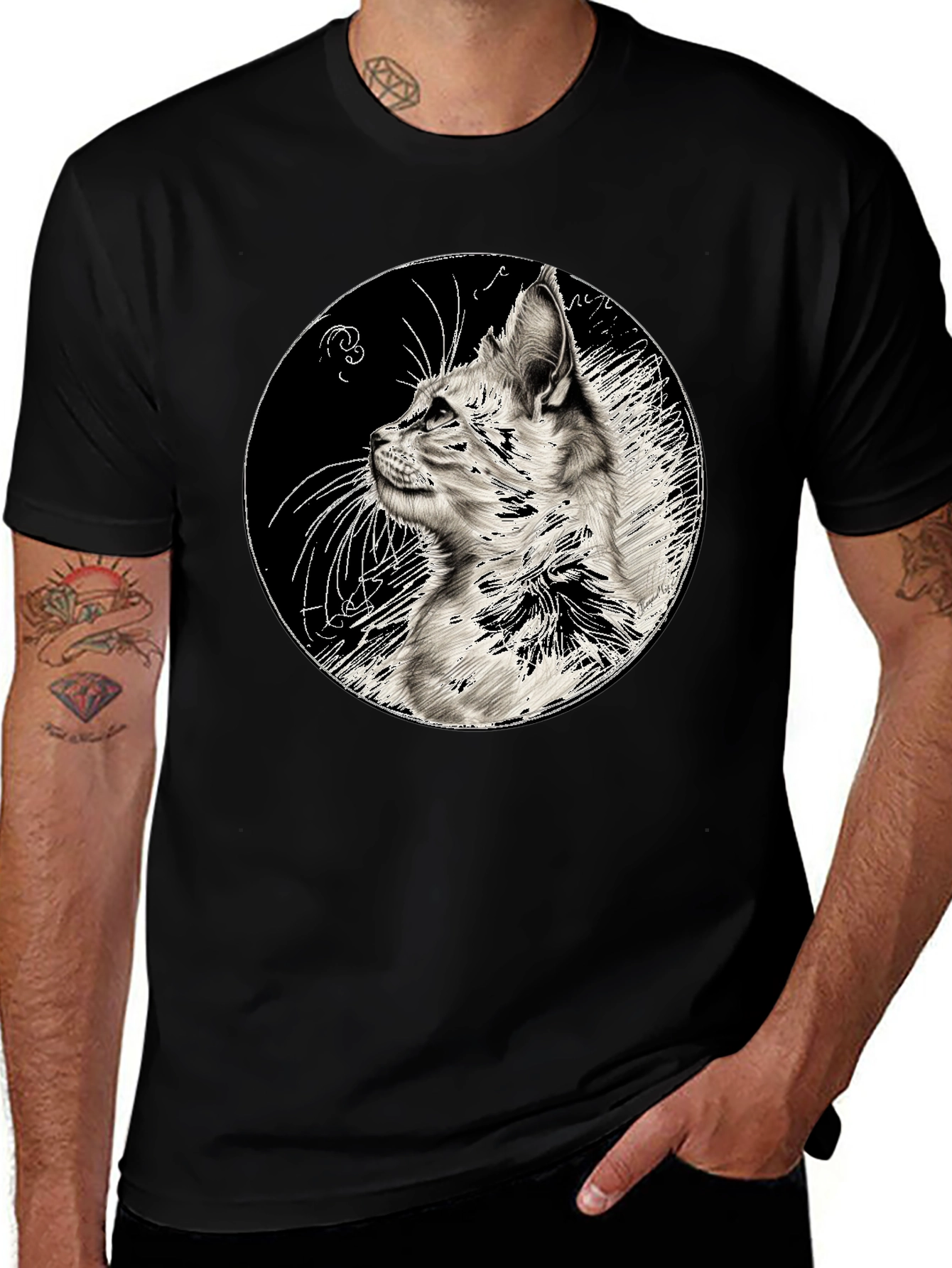 Cat Art Print Black T-Shirt