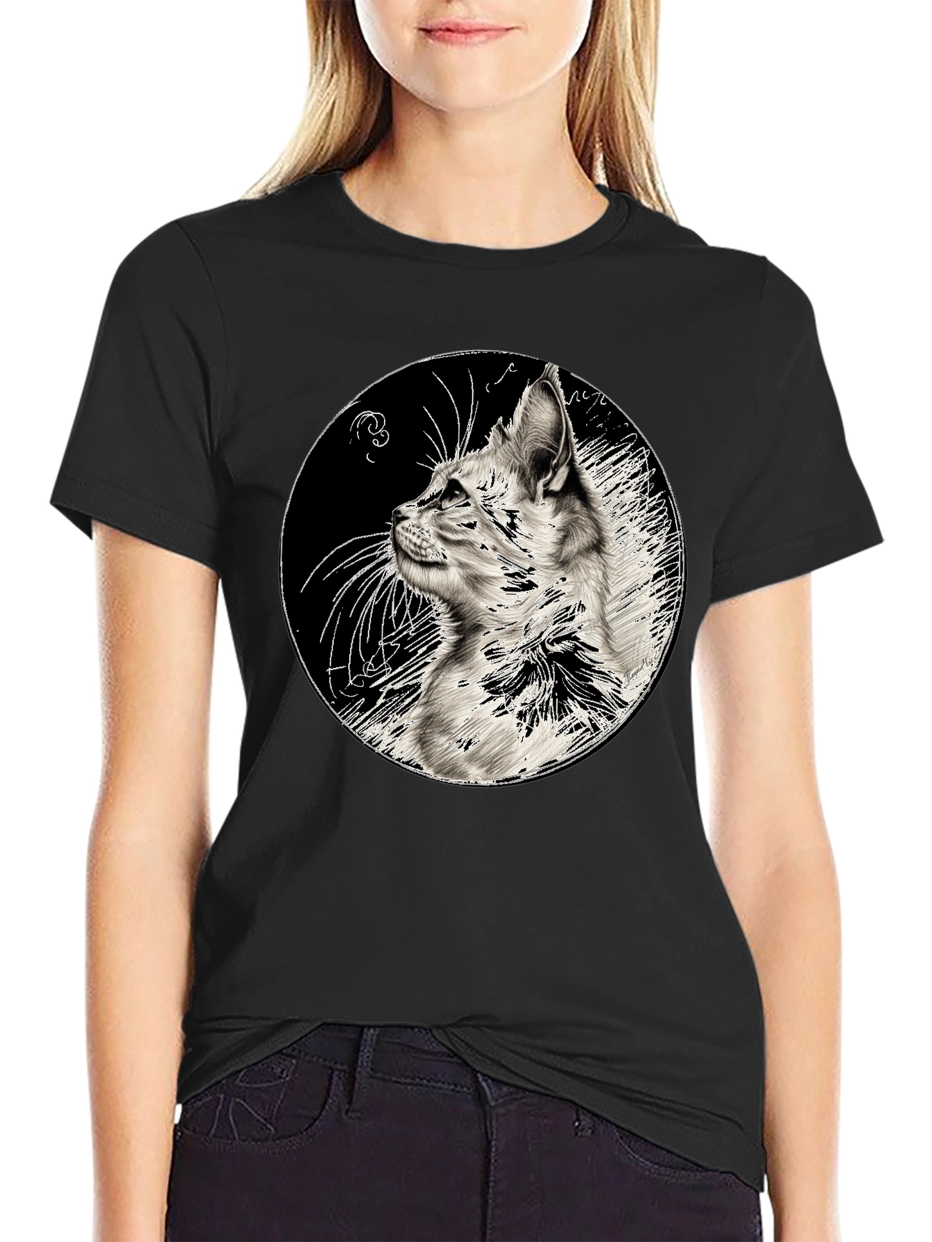 Cat Art Print Black T-Shirt