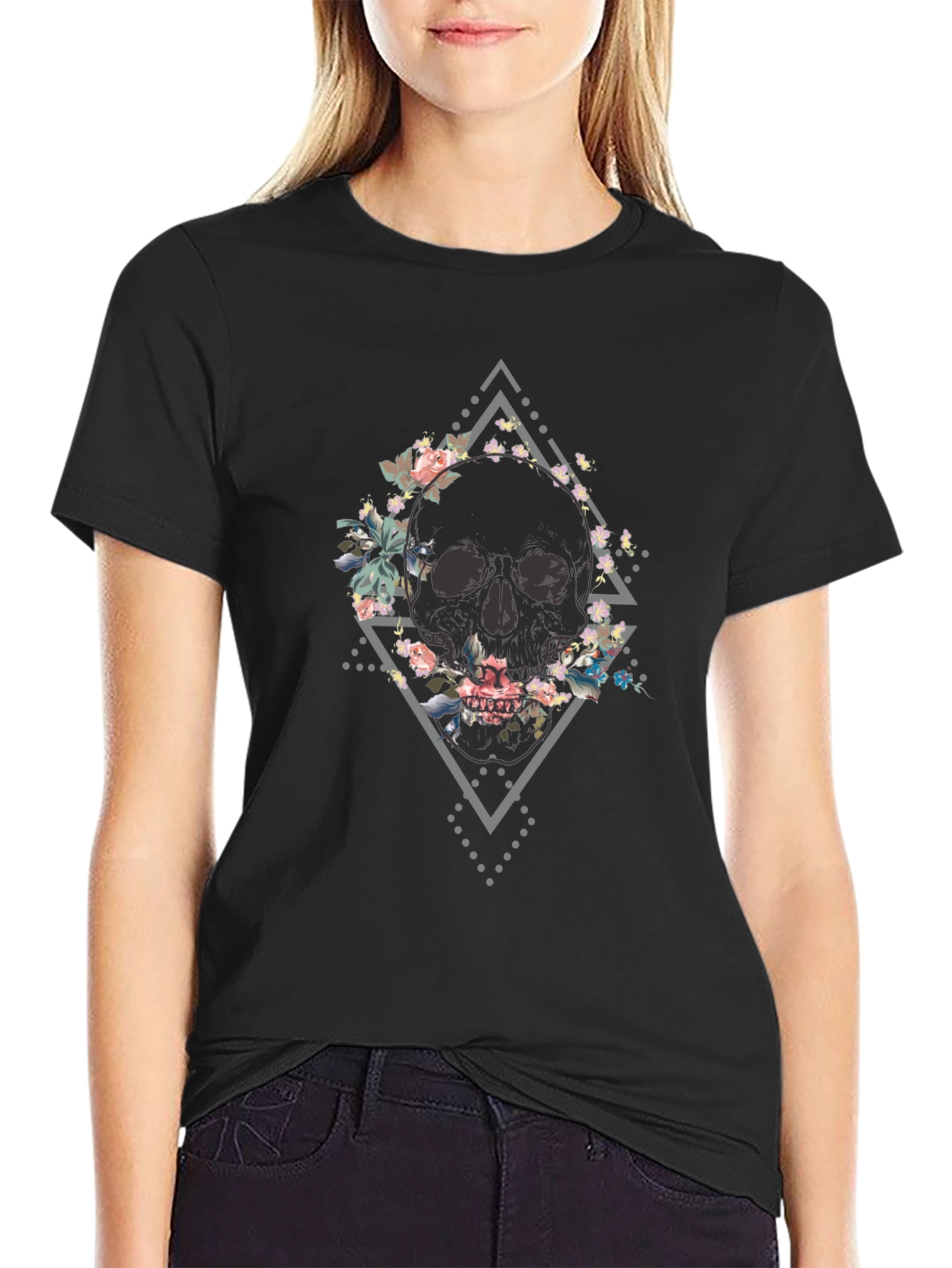 Floral Skull Graphic Tee - Mens Black T-Shirt