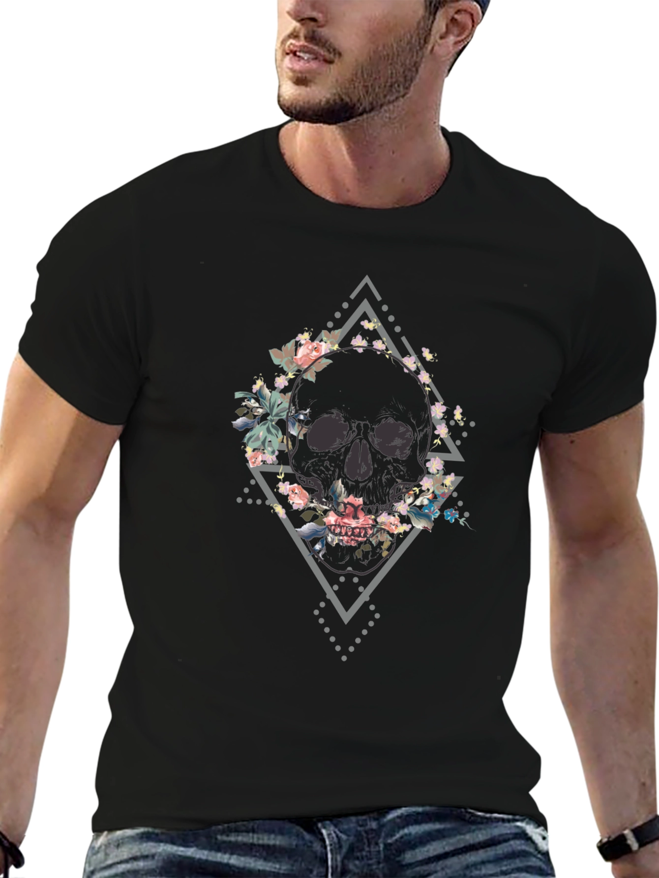 Floral Skull Graphic Tee - Mens Black T-Shirt