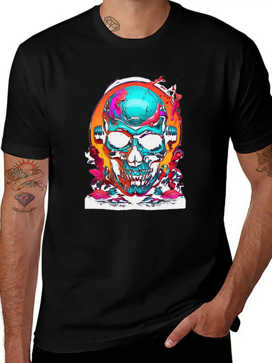 Black & Neon Colourful Skull Art - Goth Edgy Style Unisex Casual T-Shirt – Clean Design For Daily Comfort