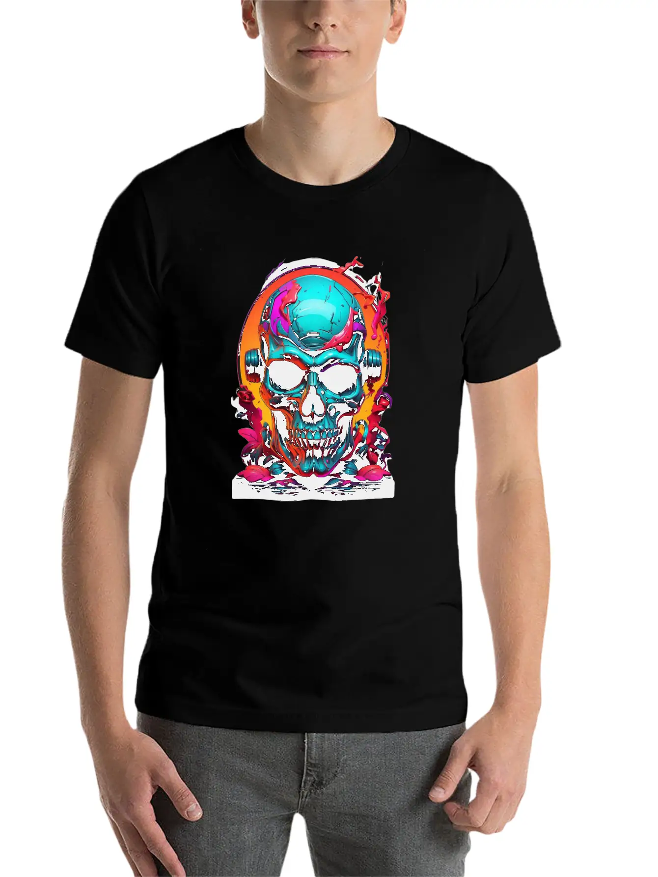 Black & Neon Colourful Skull Art - Goth Edgy Style Unisex Casual T-Shirt – Clean Design For Daily Comfort