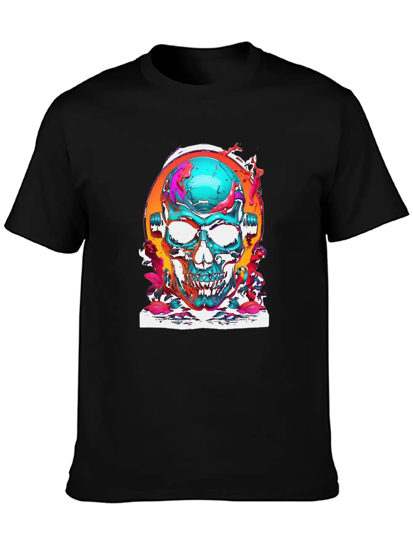 Black & Neon Colourful Skull Art - Goth Edgy Style Unisex Casual T-Shirt – Clean Design For Daily Comfort