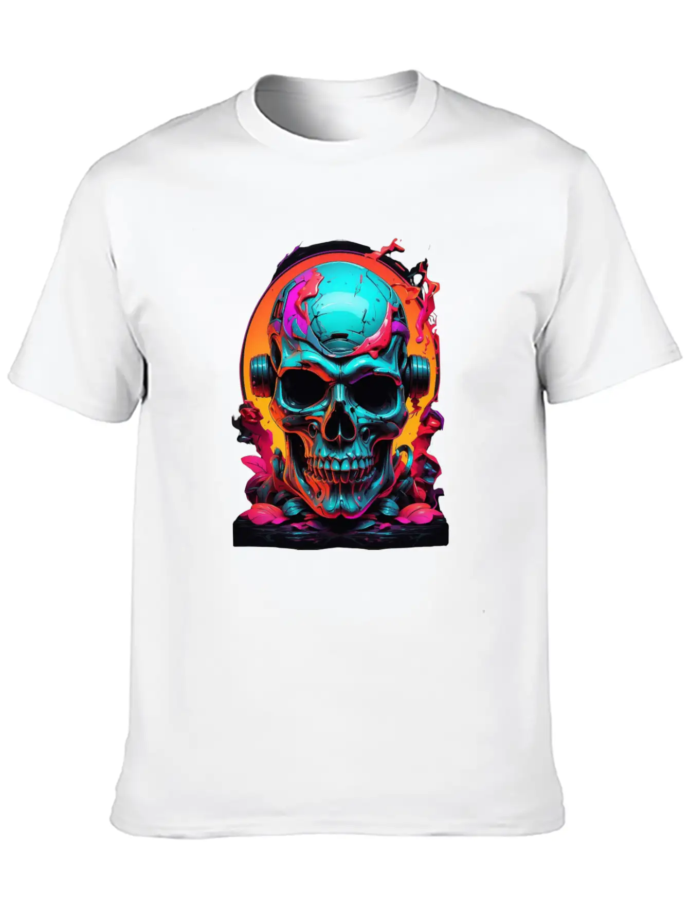 Black & Neon Colourful Skull Art - Goth Edgy Style Unisex Casual T-Shirt – Clean Design For Daily Comfort