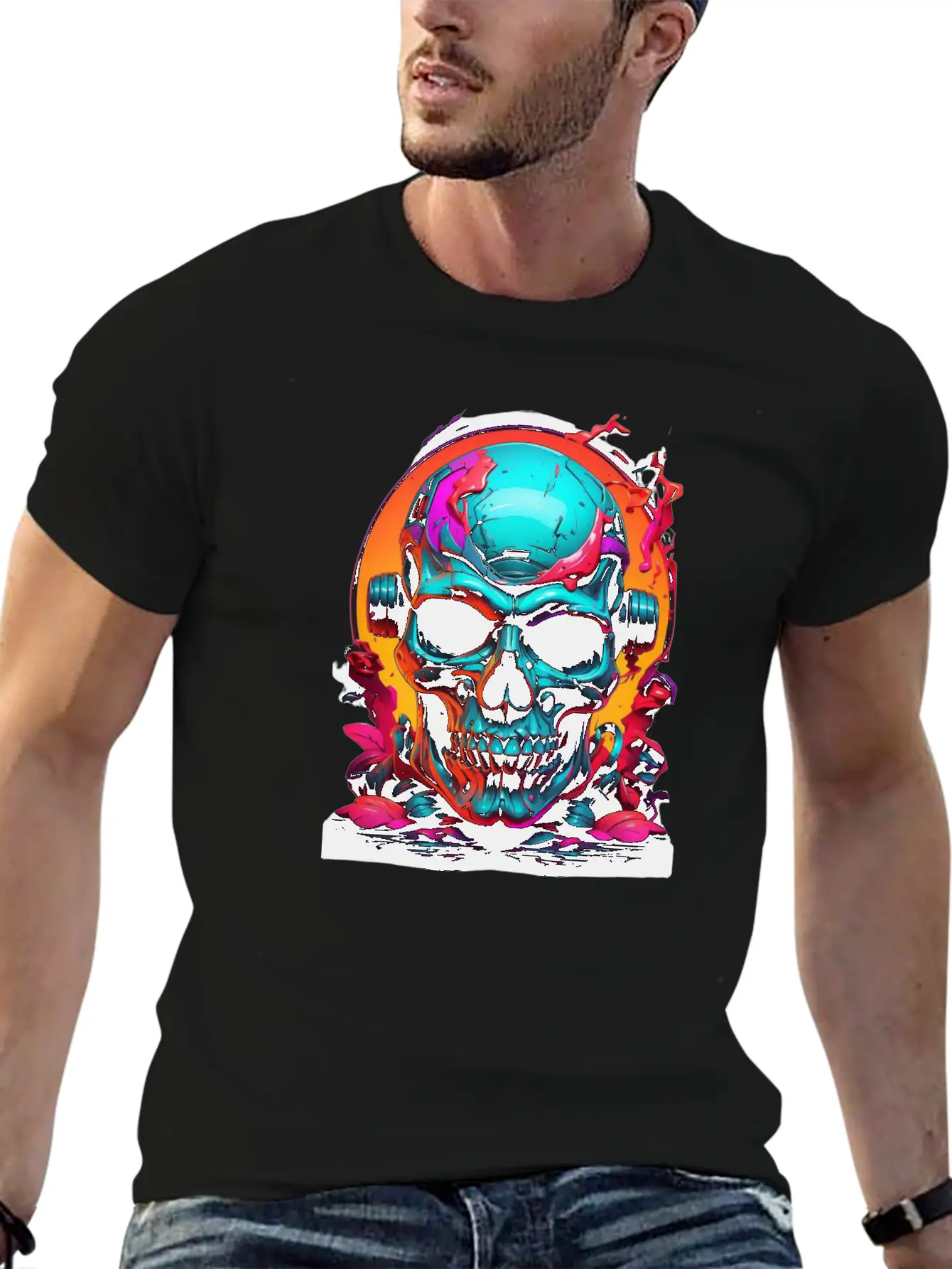 Black & Neon Colourful Skull Art - Goth Edgy Style Unisex Casual T-Shirt – Clean Design For Daily Comfort