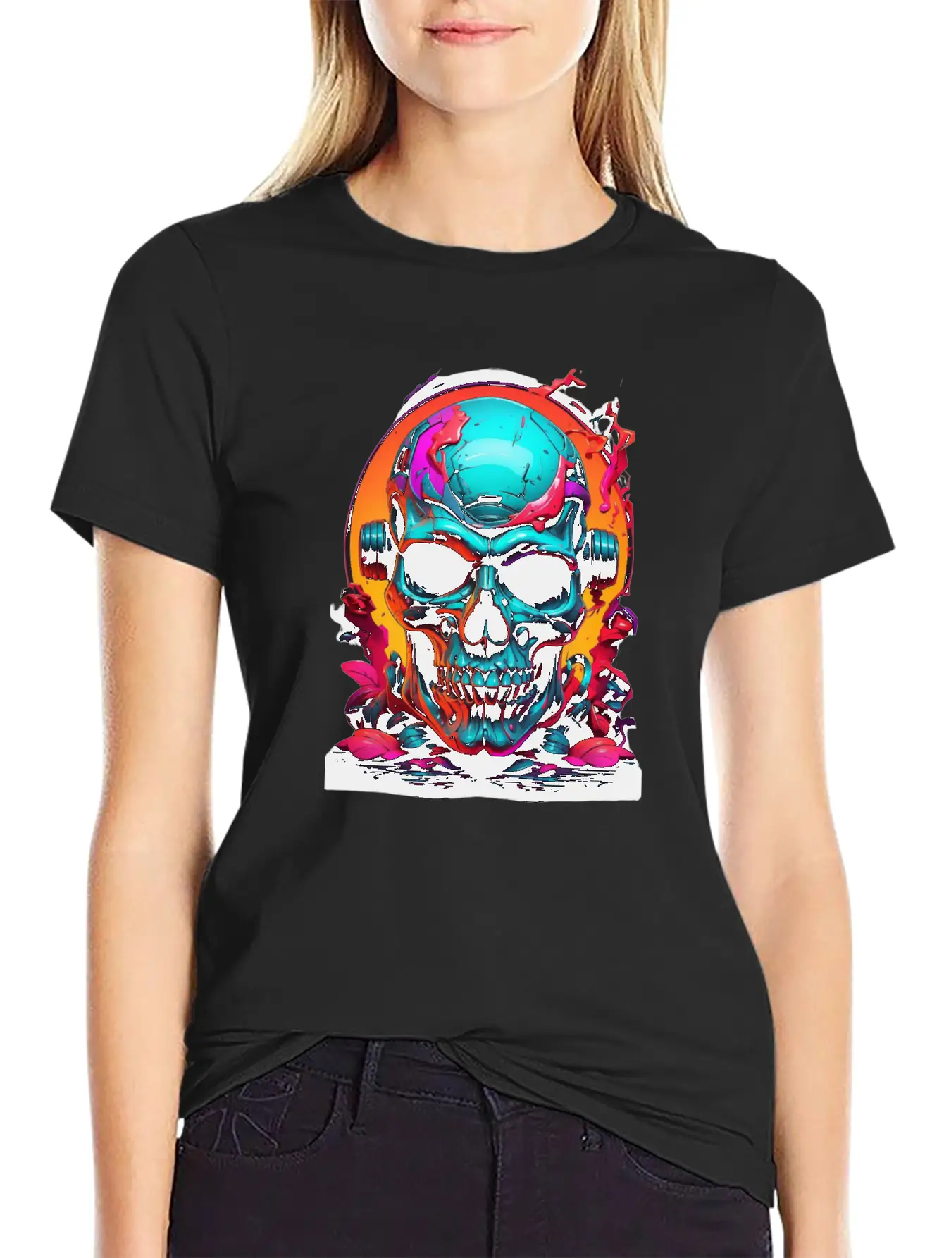 Black & Neon Colourful Skull Art - Goth Edgy Style Unisex Casual T-Shirt – Clean Design For Daily Comfort