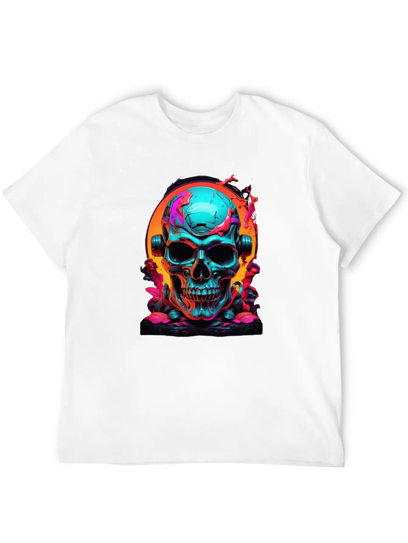 Black & Neon Colourful Skull Art - Goth Edgy Style Unisex Casual T-Shirt – Clean Design For Daily Comfort