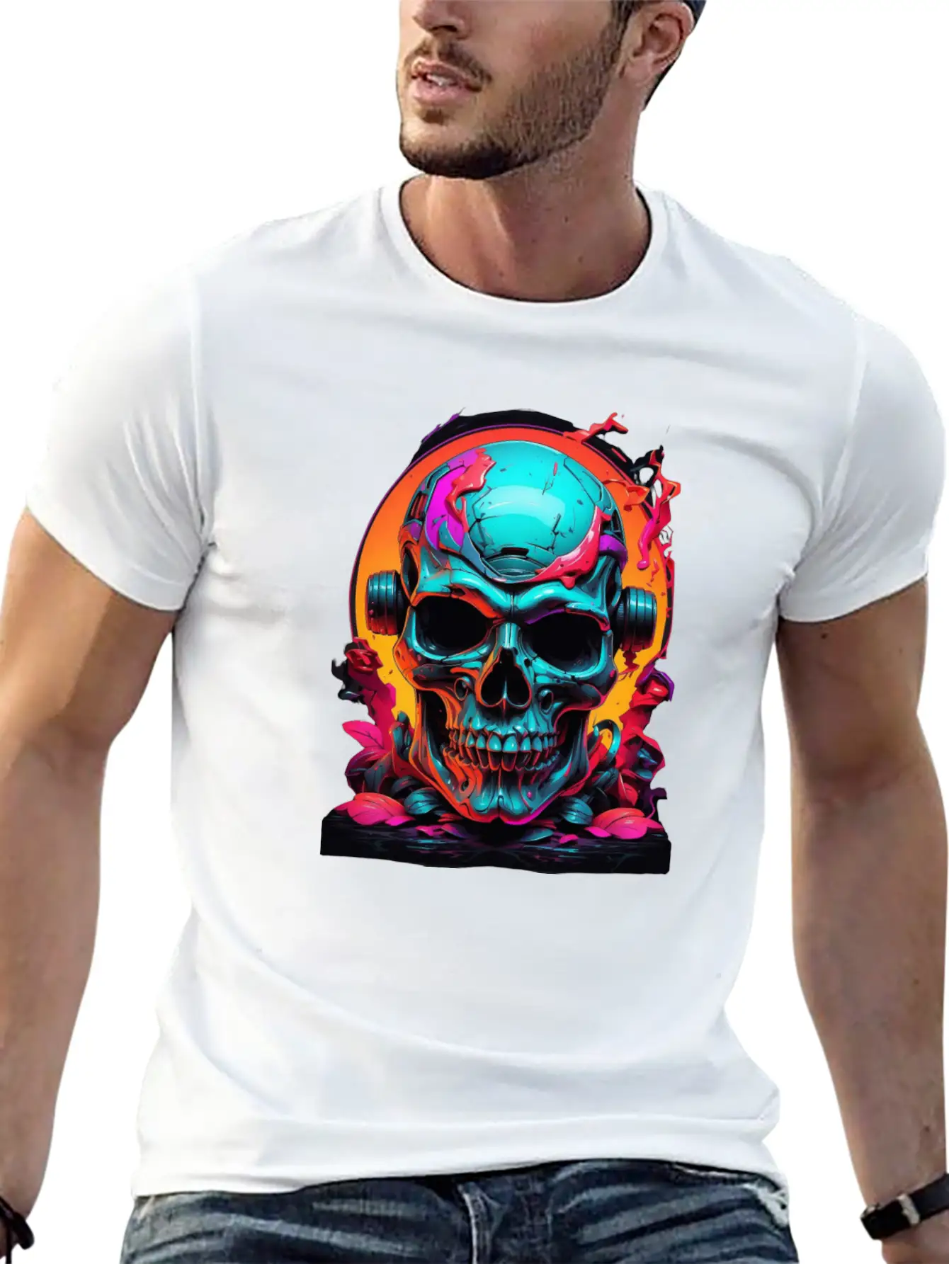 Black & Neon Colourful Skull Art - Goth Edgy Style Unisex Casual T-Shirt – Clean Design For Daily Comfort