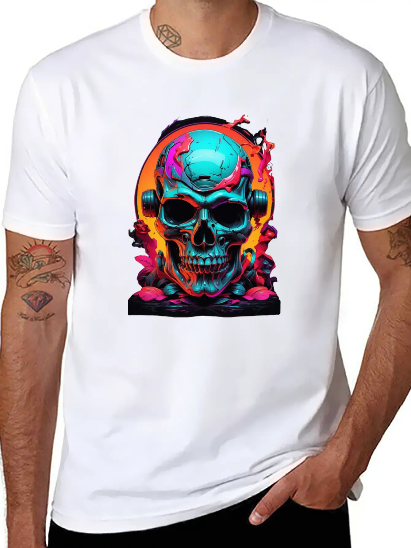 Black & Neon Colourful Skull Art - Goth Edgy Style Unisex Casual T-Shirt – Clean Design For Daily Comfort