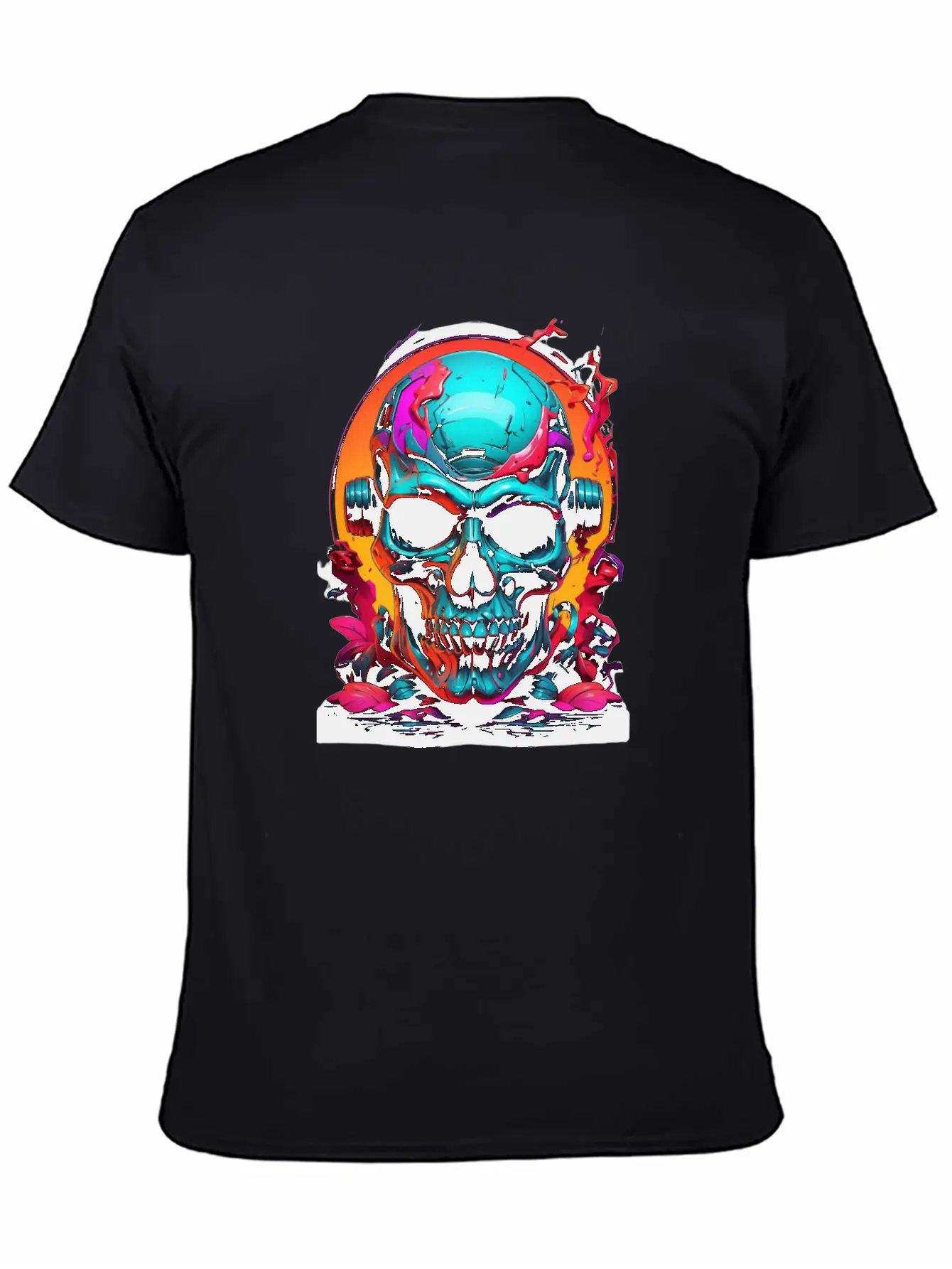Black & Neon Colourful Skull Art - Goth Edgy Style Unisex Casual T-Shirt – Clean Design For Daily Comfort