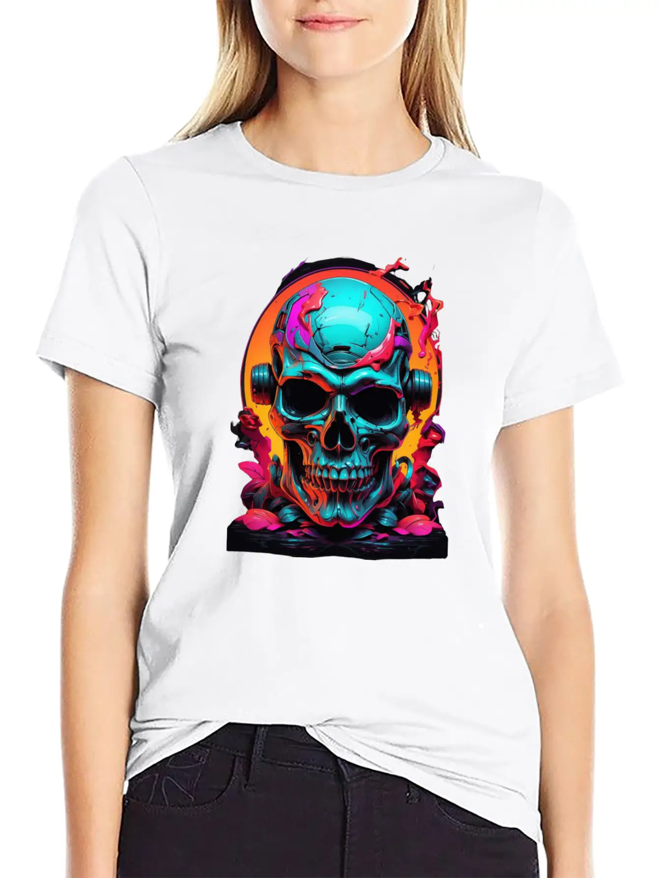 Black & Neon Colourful Skull Art - Goth Edgy Style Unisex Casual T-Shirt – Clean Design For Daily Comfort