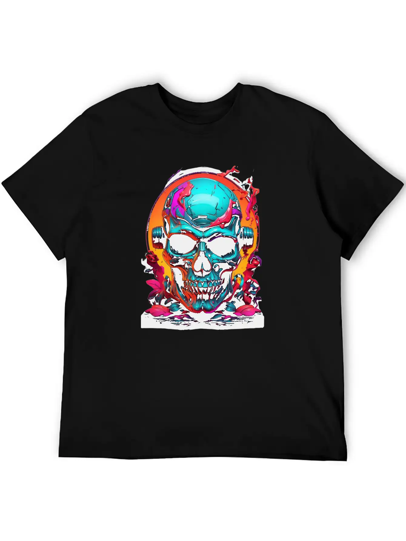 Black & Neon Colourful Skull Art - Goth Edgy Style Unisex Casual T-Shirt – Clean Design For Daily Comfort