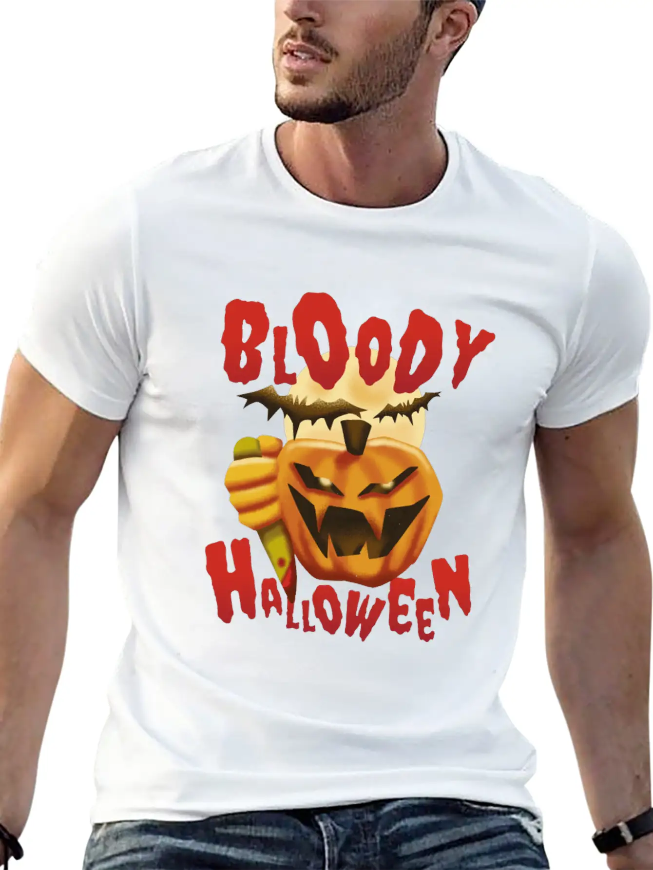 Bloody Halloween Pumpkin With Knife Unisex Casual T-Shirt – Clean Design For Daily Comfort