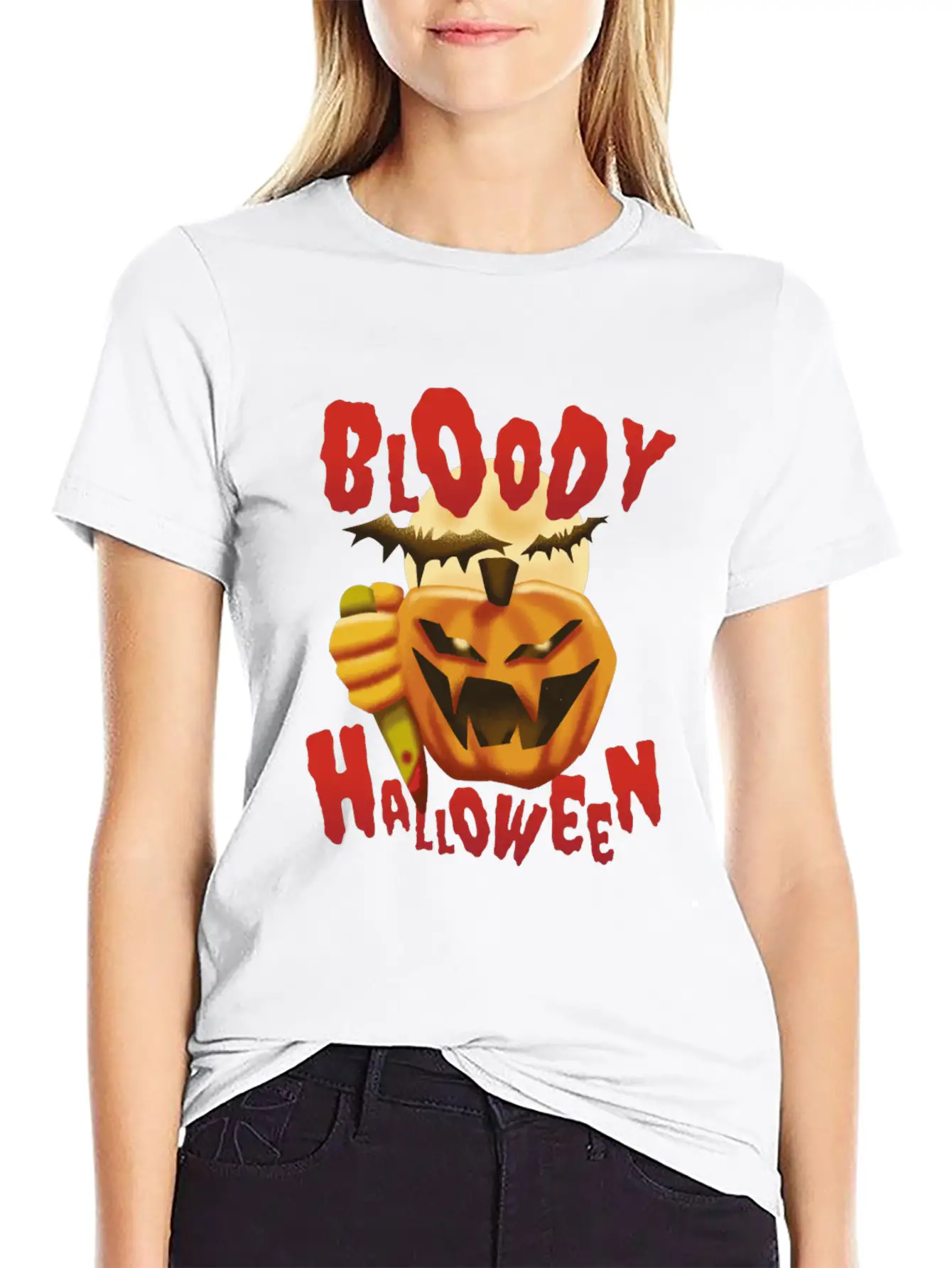 Bloody Halloween Pumpkin With Knife Unisex Casual T-Shirt – Clean Design For Daily Comfort