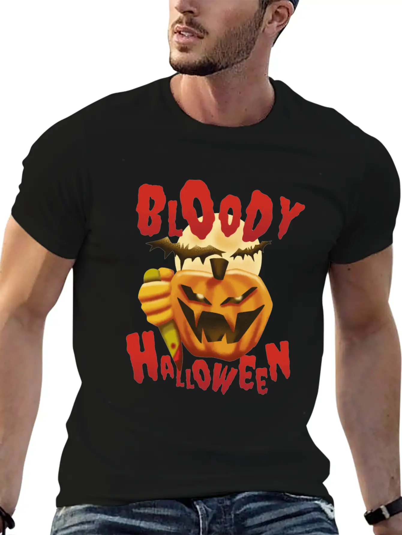Bloody Halloween Pumpkin With Knife Unisex Casual T-Shirt – Clean Design For Daily Comfort