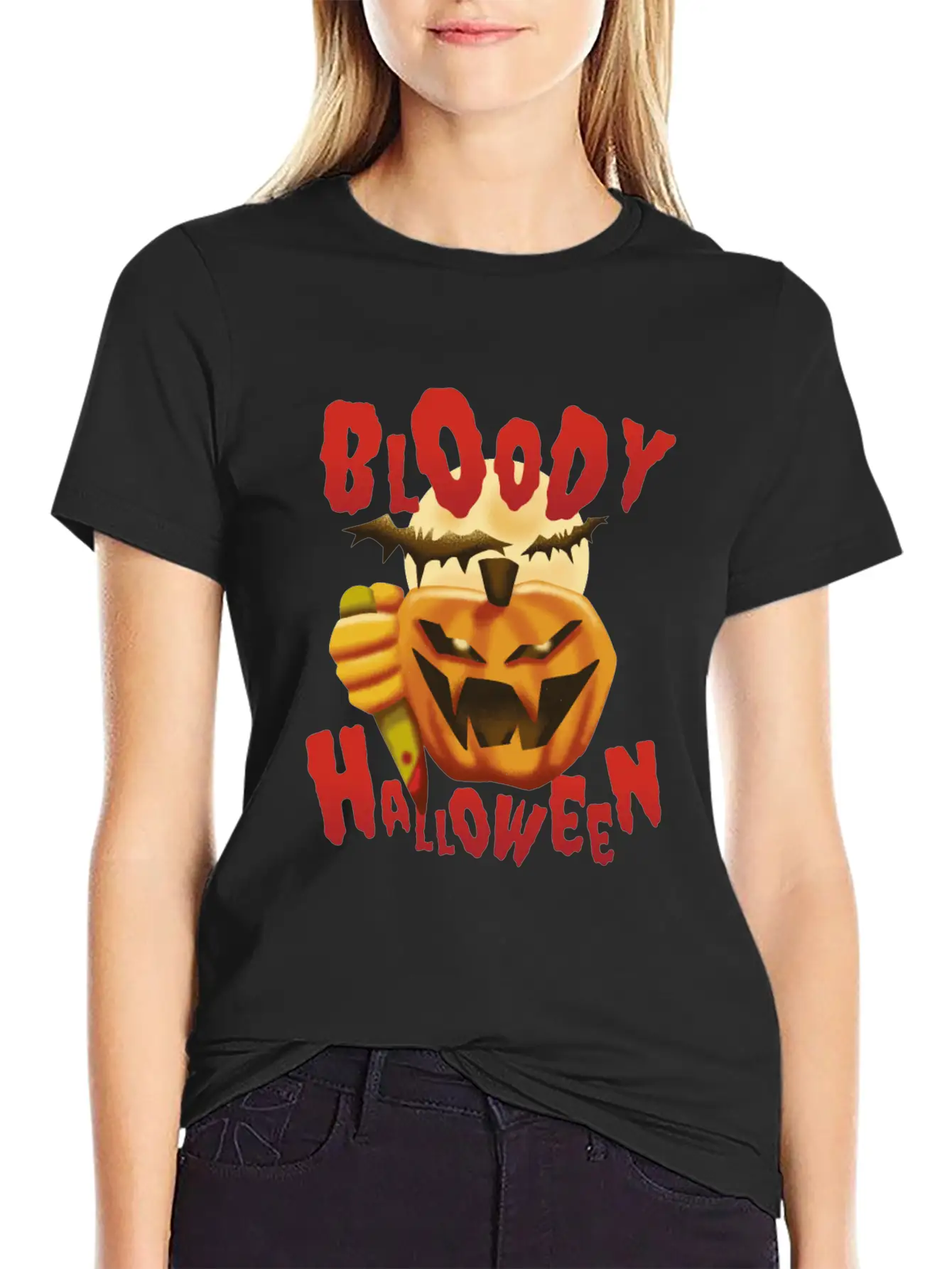 Bloody Halloween Pumpkin With Knife Unisex Casual T-Shirt – Clean Design For Daily Comfort