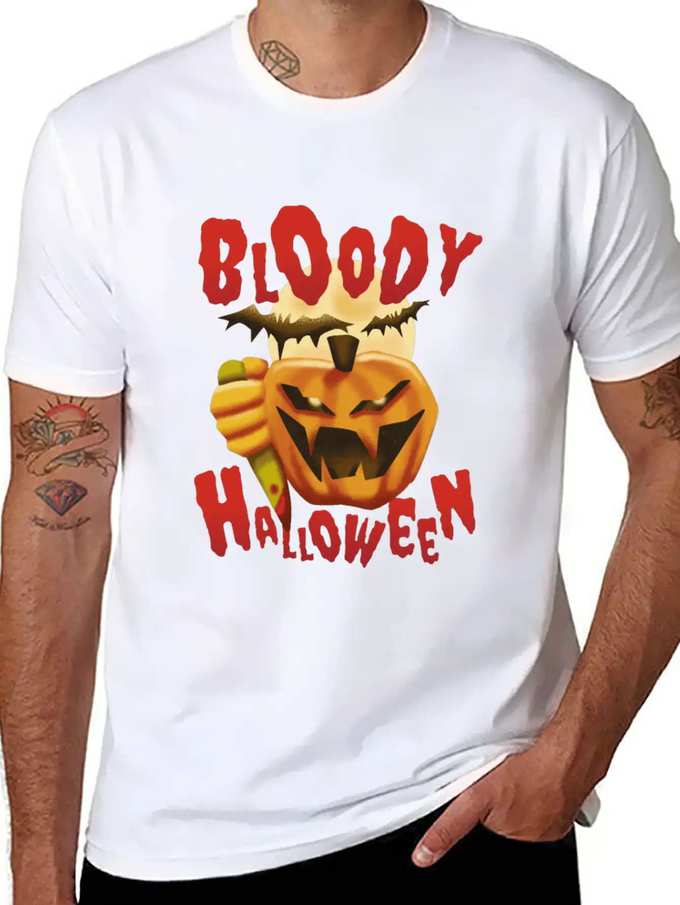 Bloody Halloween Pumpkin With Knife Unisex Casual T-Shirt – Clean Design For Daily Comfort