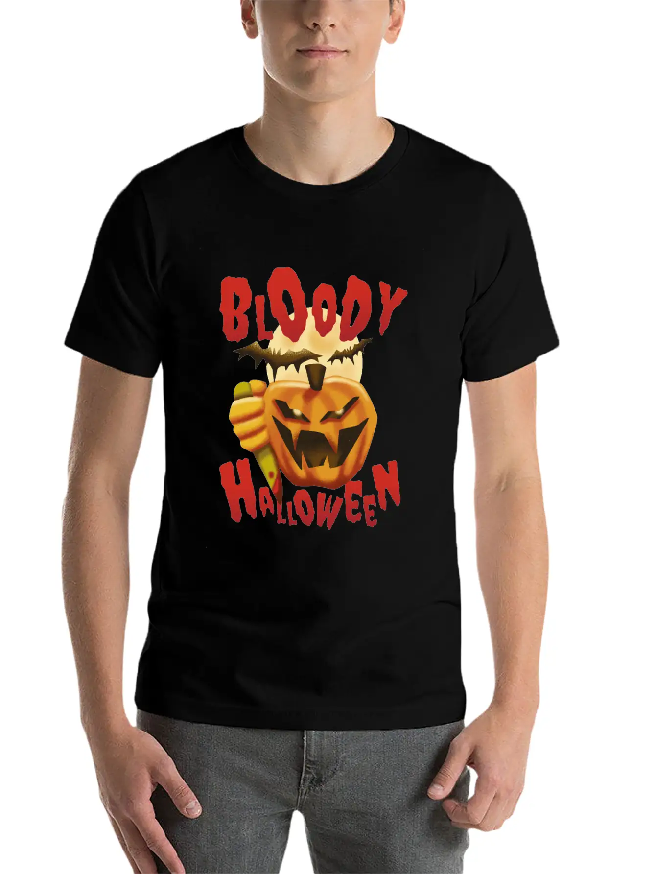 Bloody Halloween Pumpkin With Knife Unisex Casual T-Shirt – Clean Design For Daily Comfort