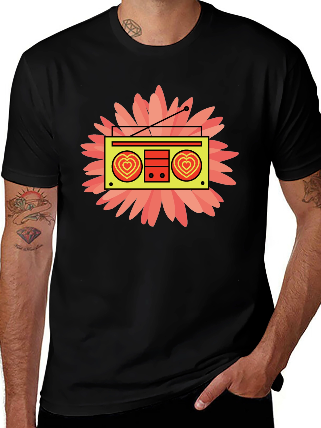Retro Radio Heart Graphic Black T-Shirt