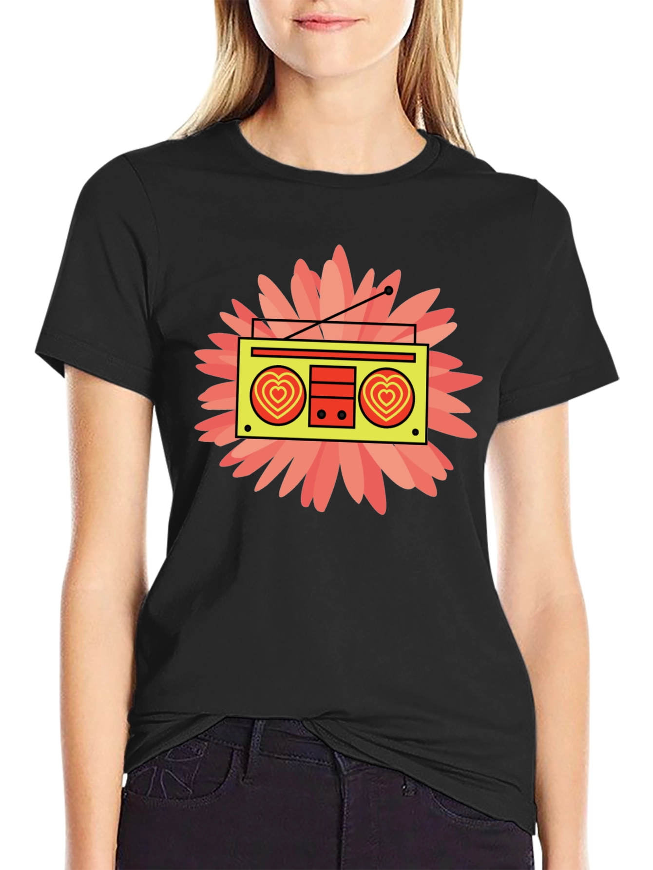 Retro Radio Heart Graphic Black T-Shirt