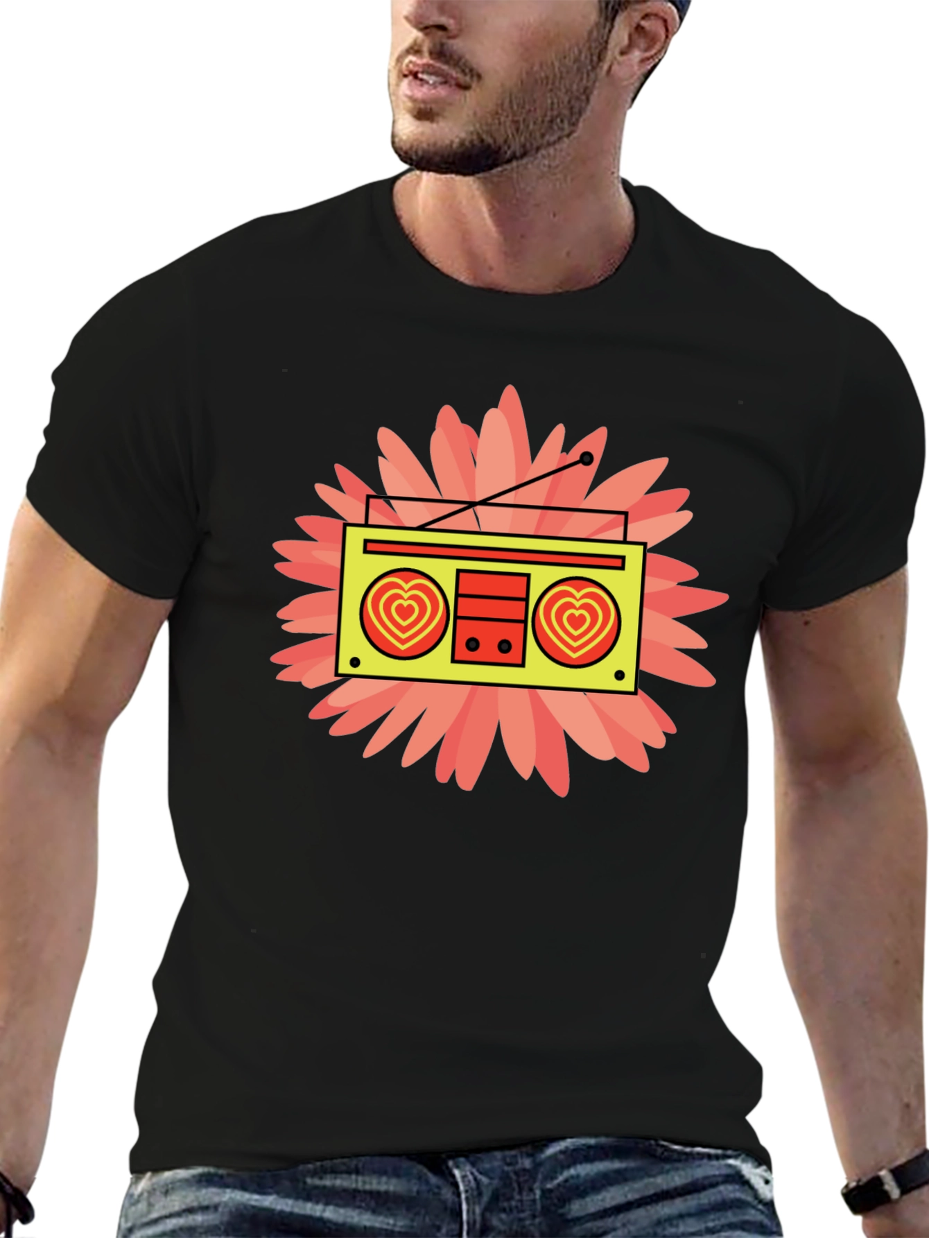 Retro Radio Heart Graphic Black T-Shirt