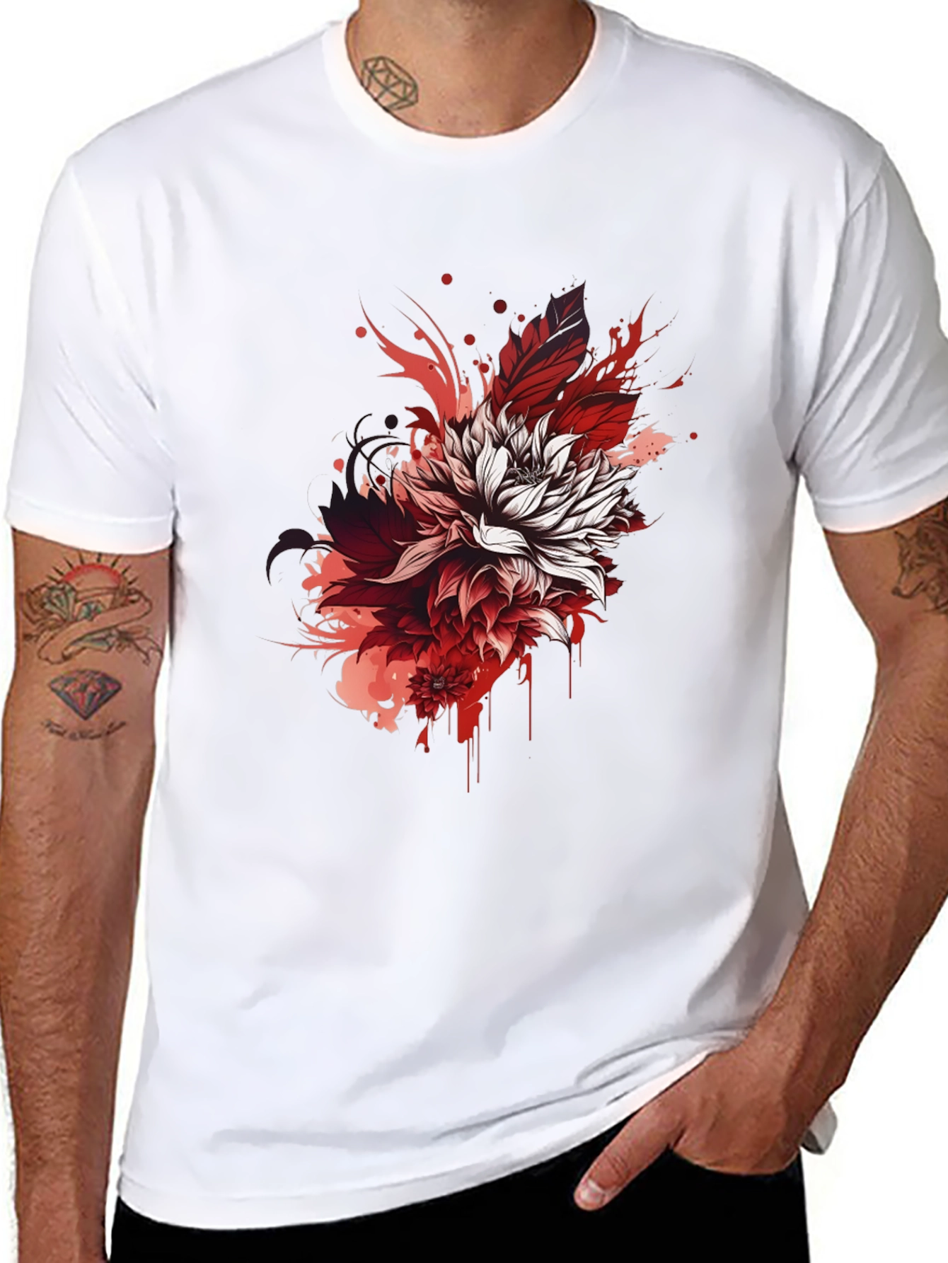 Floral Ink Splatter Graphic Tee - Black