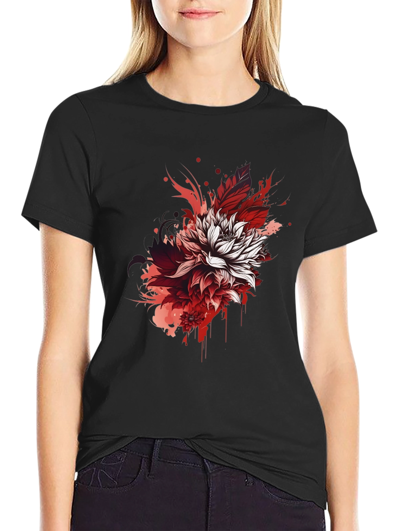 Floral Ink Splatter Graphic Tee - Black