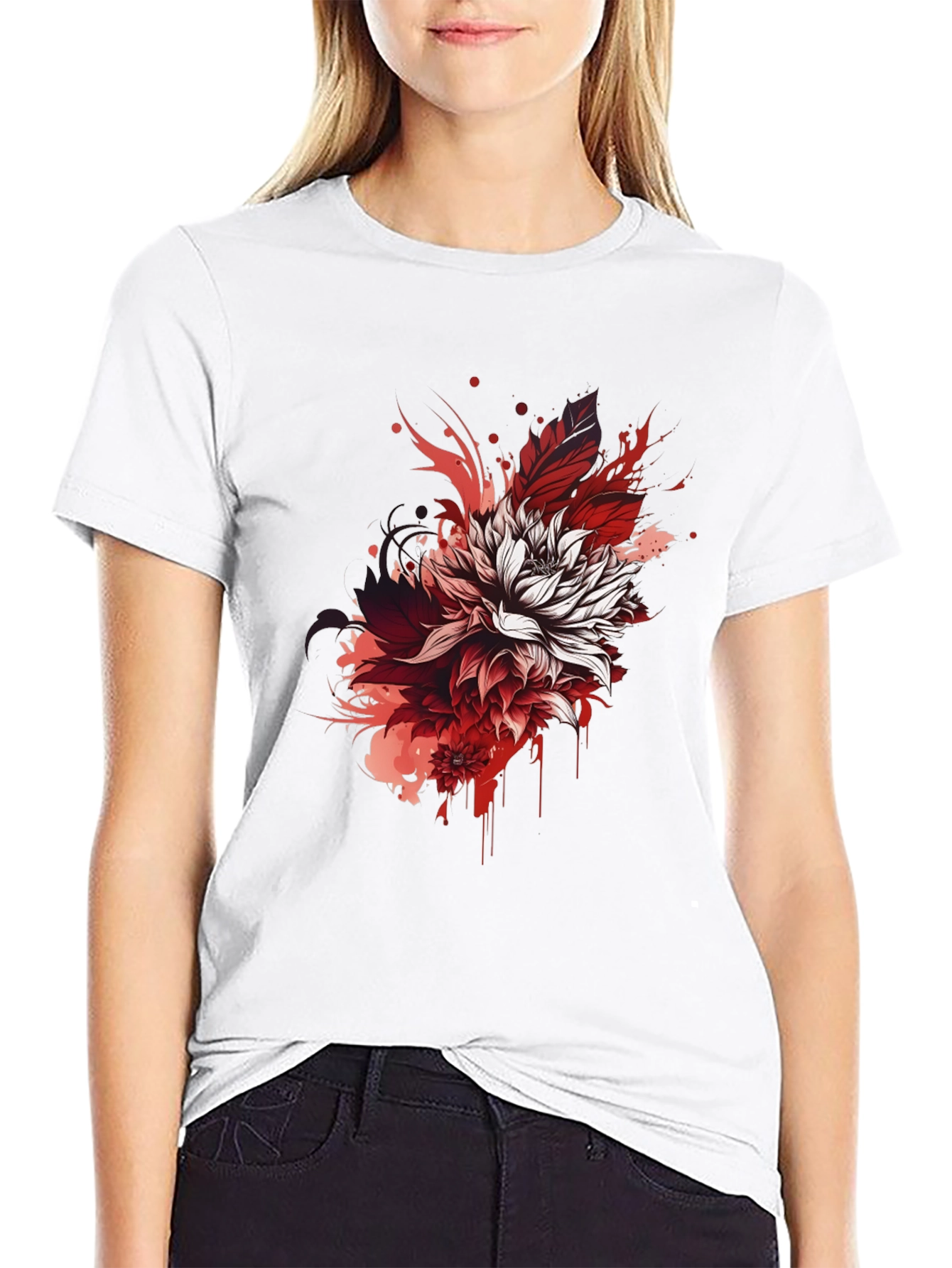 Floral Ink Splatter Graphic Tee - Black