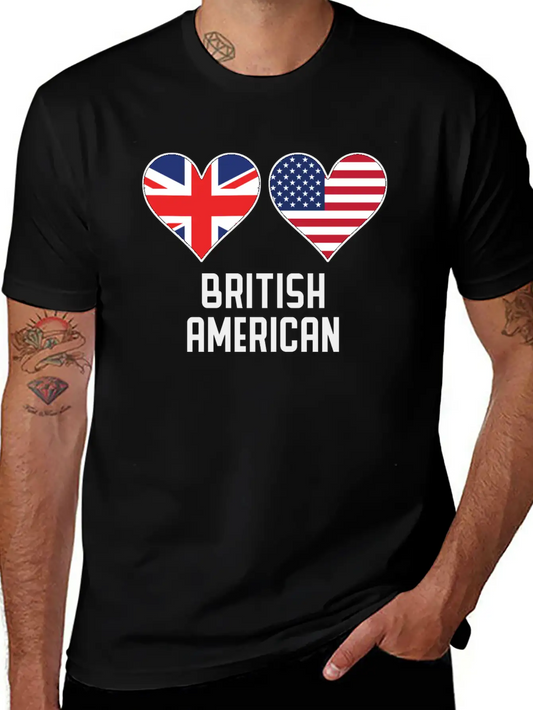 British American Heart Flags Unisex Casual T-Shirt – Clean Design For Daily Comfort