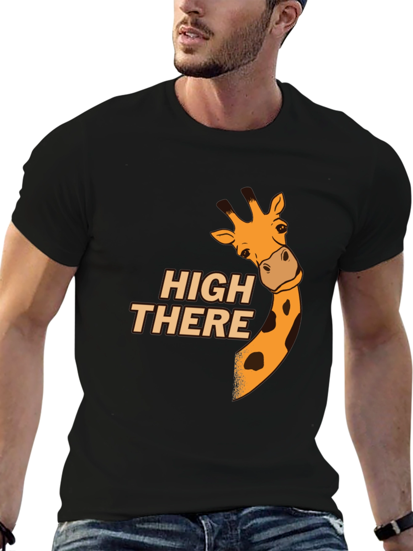 High There Giraffe Graphic T-Shirt - Black Cotton Blend