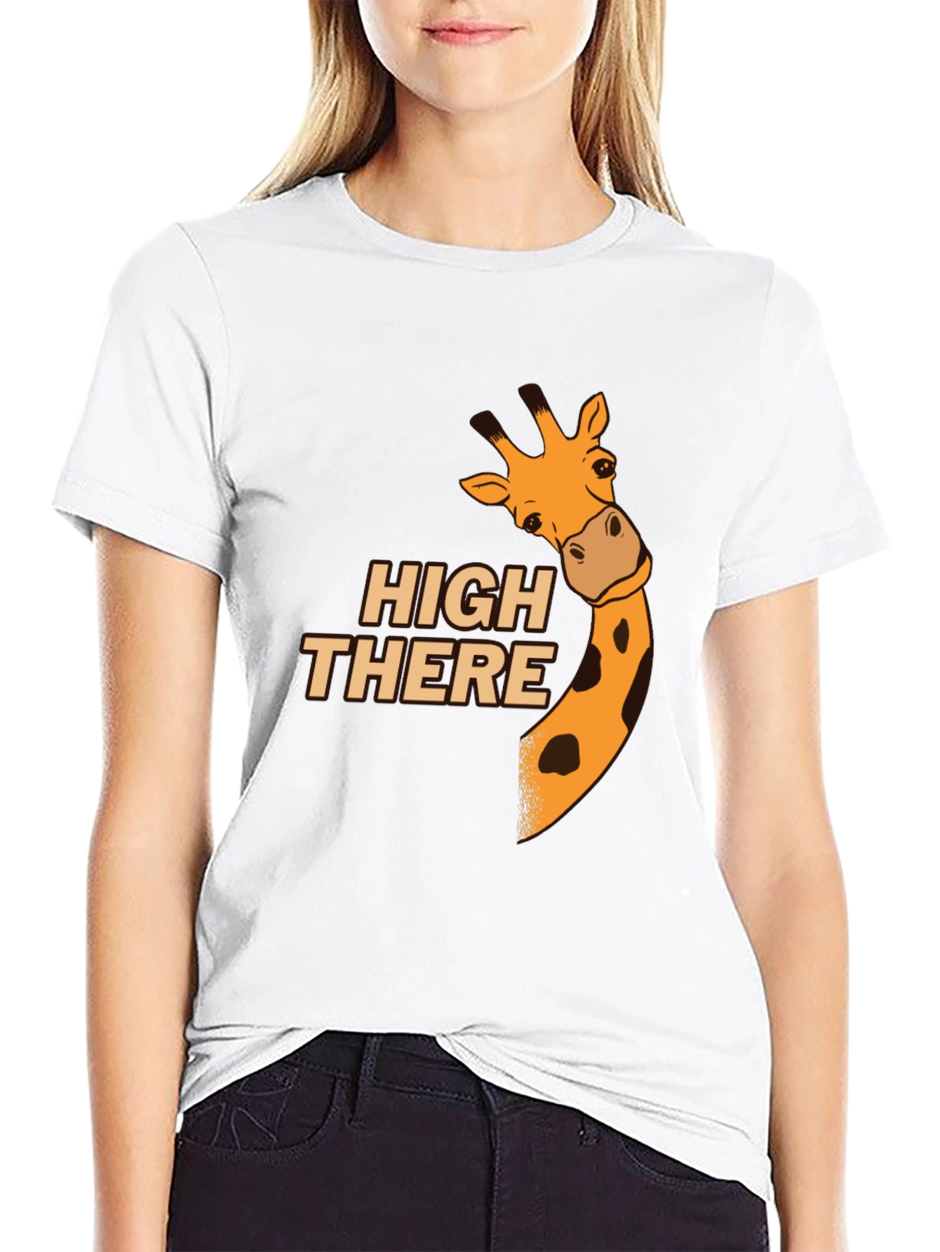 High There Giraffe Graphic T-Shirt - Black Cotton Blend
