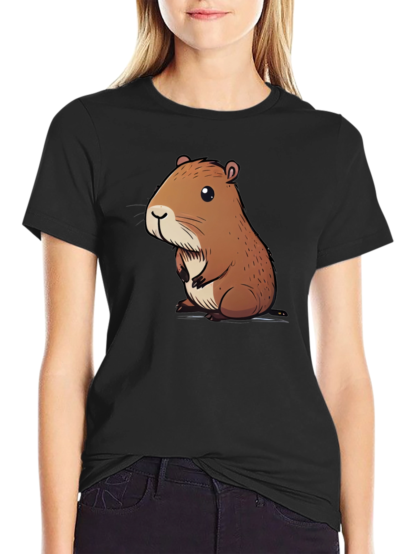 Cute Capybara Graphic Tee - Soft Black Cotton