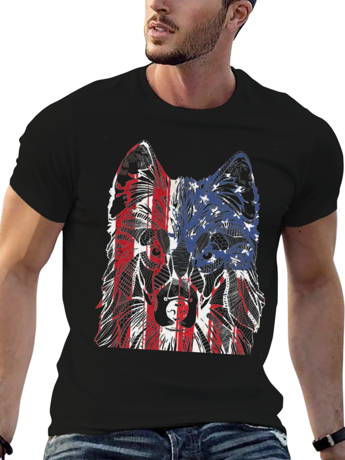 Patriotic Wolf Graphic Tee - Unisex Black T-Shirt