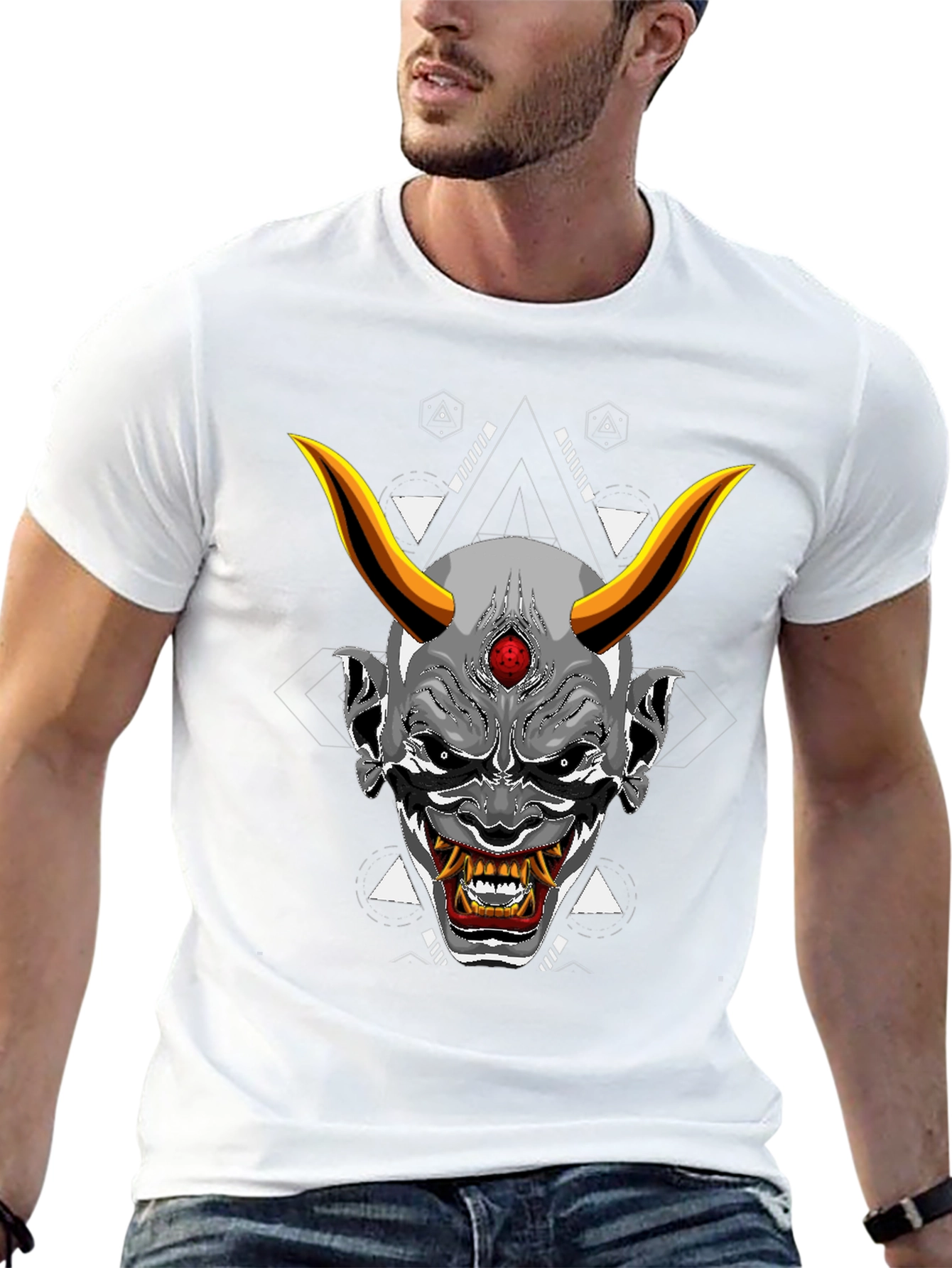 Black T-Shirt with Japanese Oni Mask Graphic