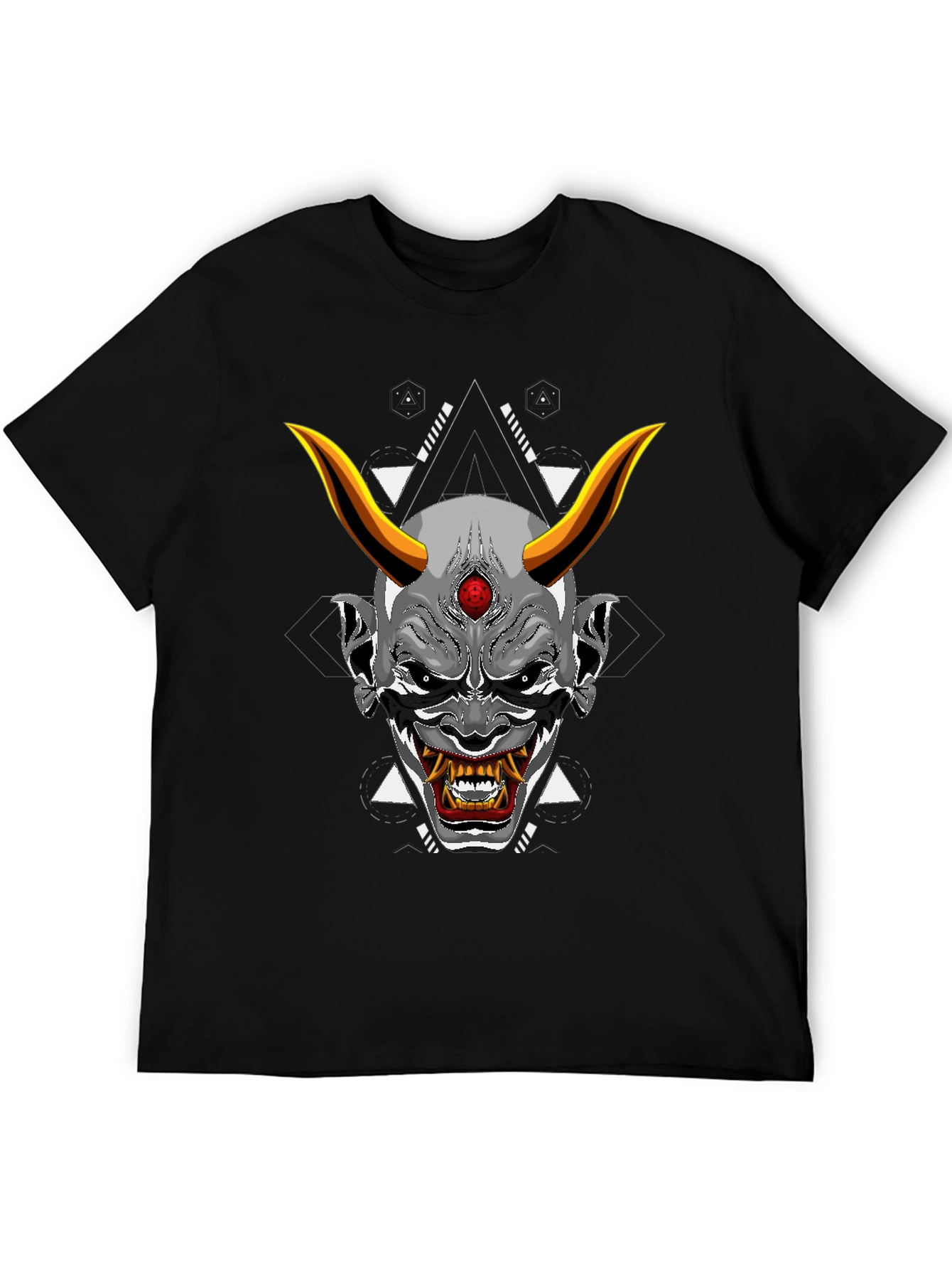 Black T-Shirt with Japanese Oni Mask Graphic