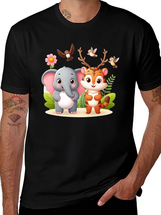 Cute Cartoon Animal Graphic Black T-Shirt