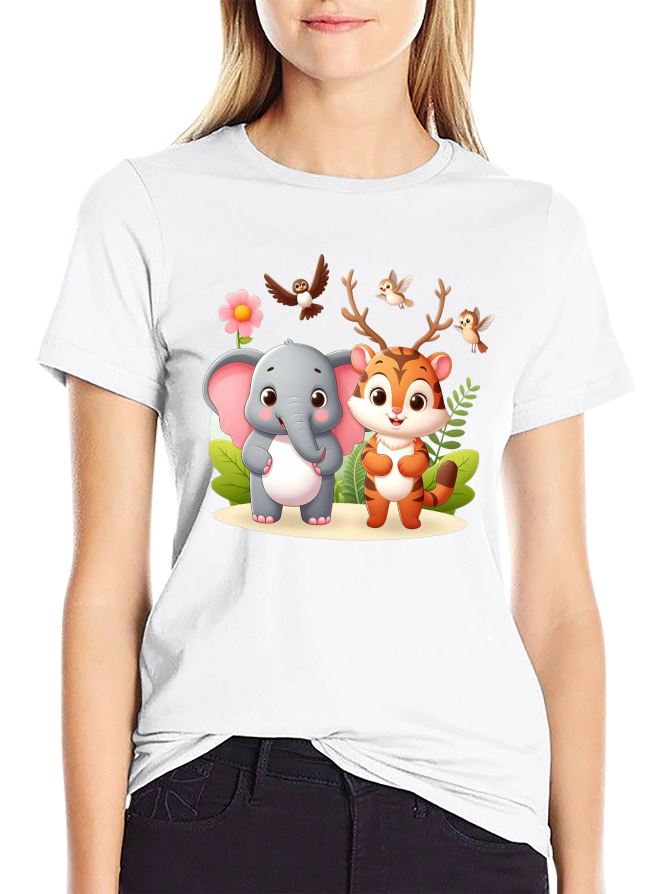 Cute Cartoon Animal Graphic Black T-Shirt