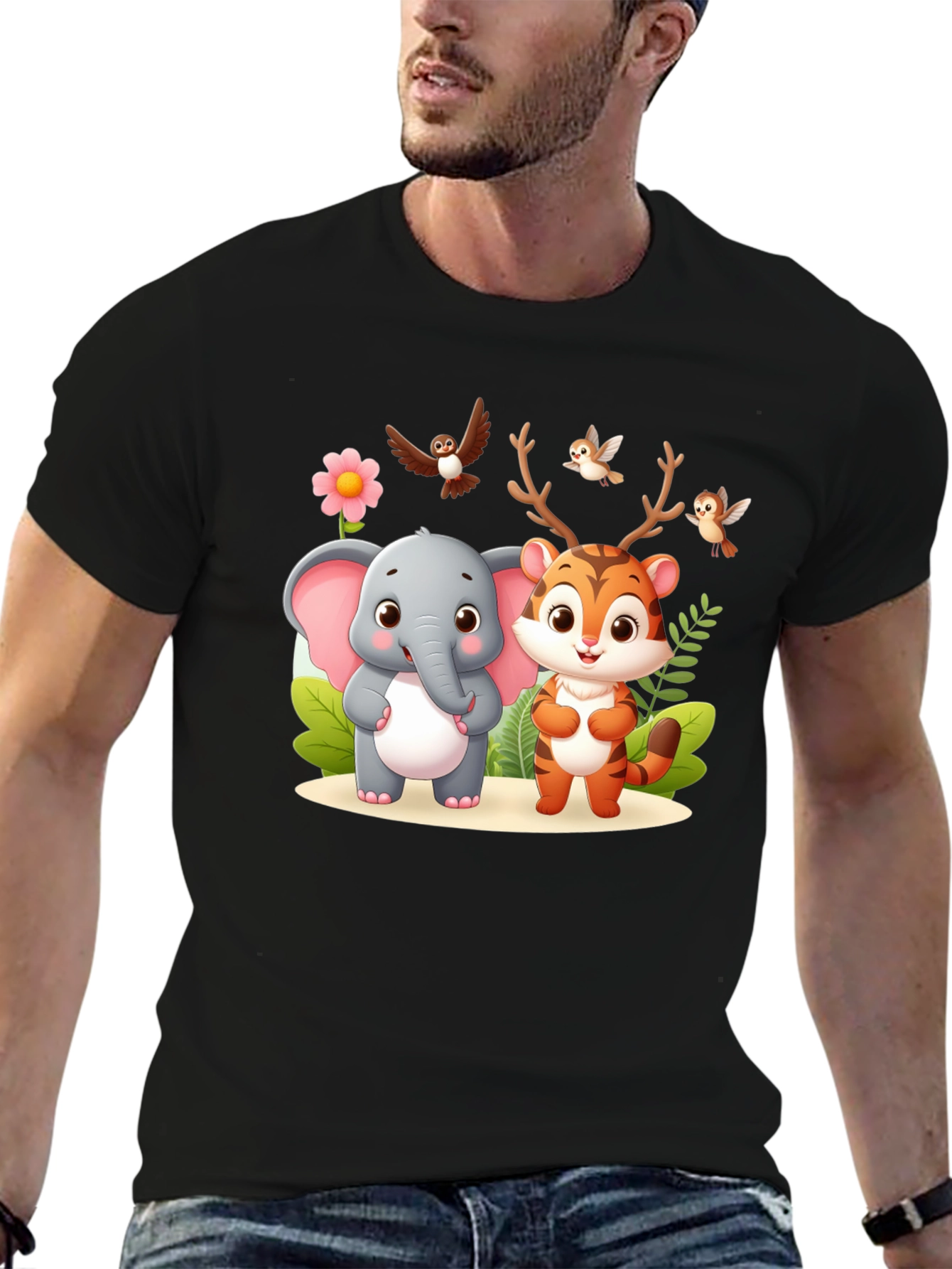 Cute Cartoon Animal Graphic Black T-Shirt