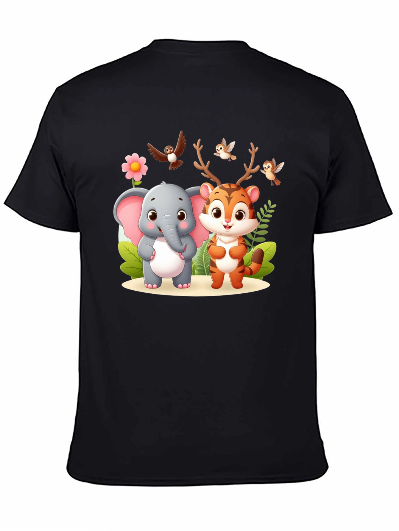 Cute Cartoon Animal Graphic Black T-Shirt