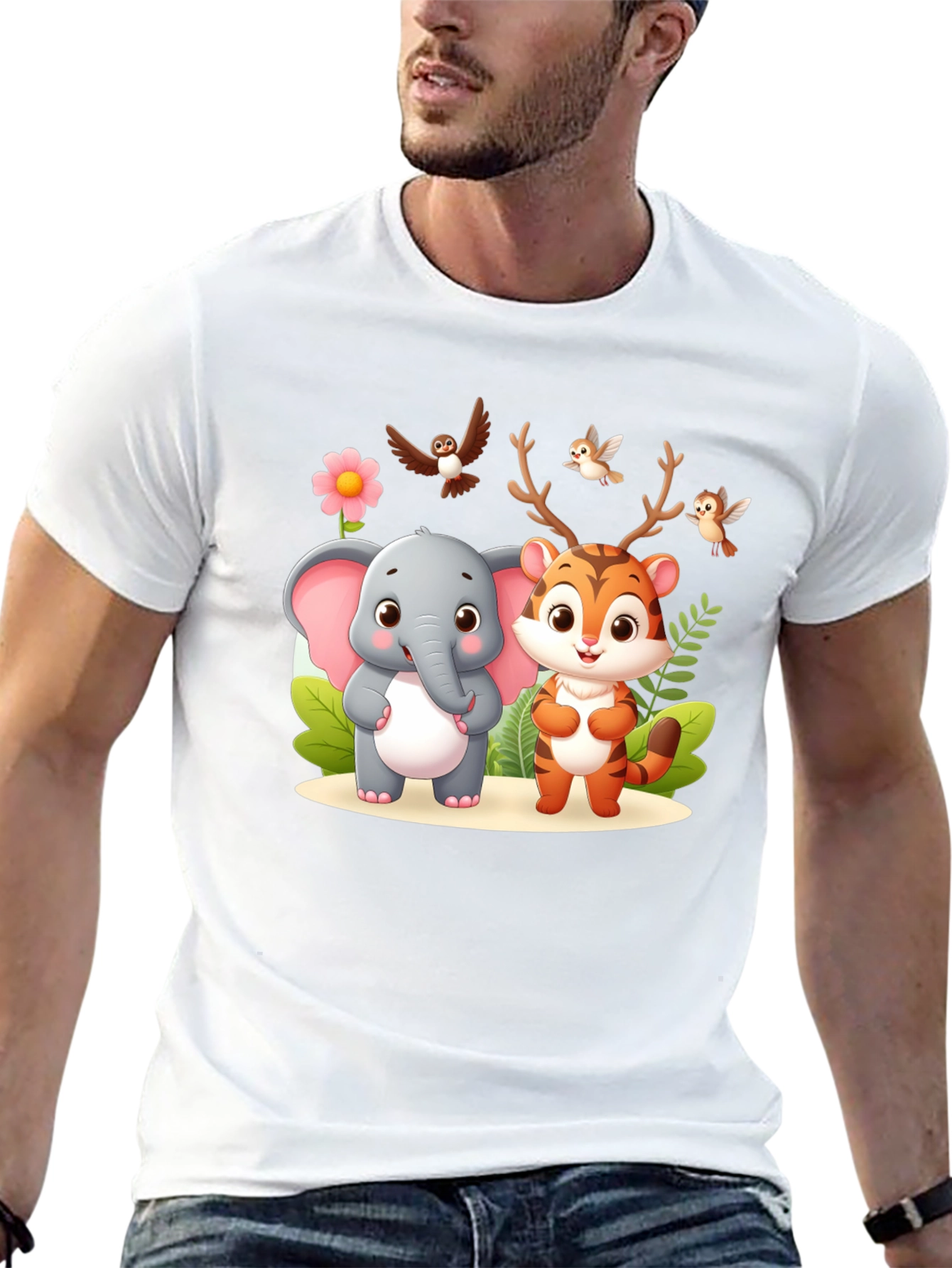 Cute Cartoon Animal Graphic Black T-Shirt