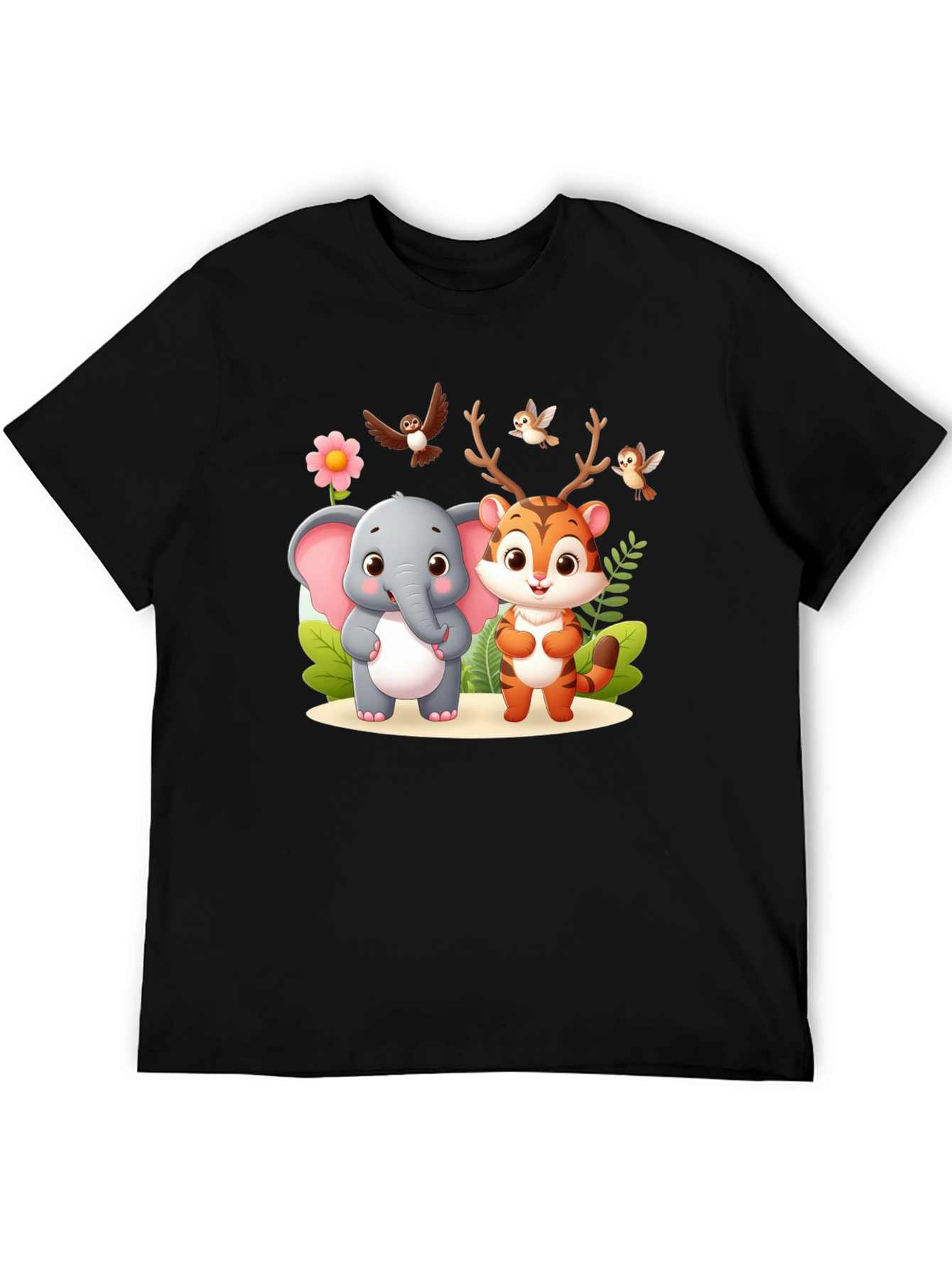 Cute Cartoon Animal Graphic Black T-Shirt
