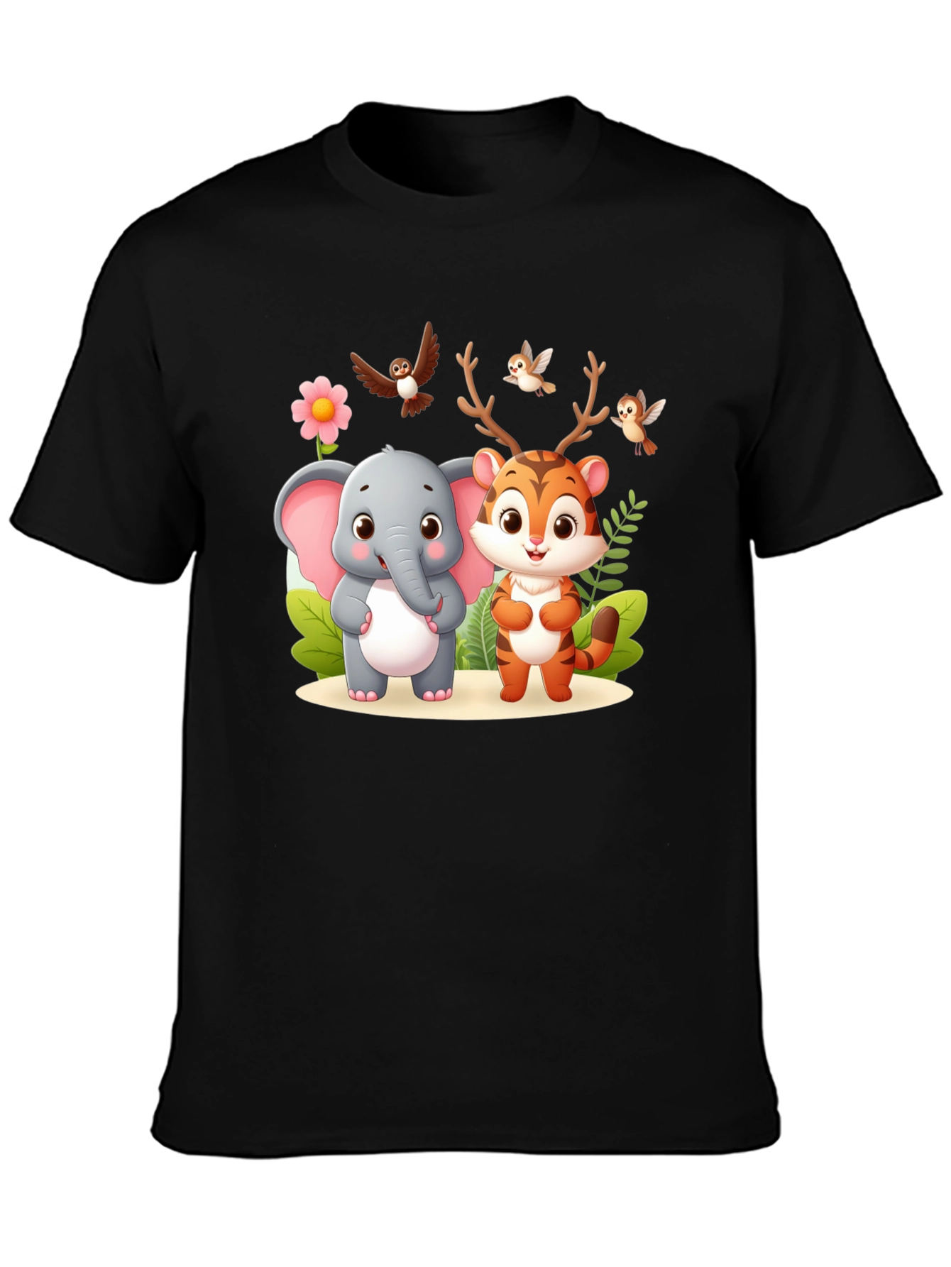 Cute Cartoon Animal Graphic Black T-Shirt