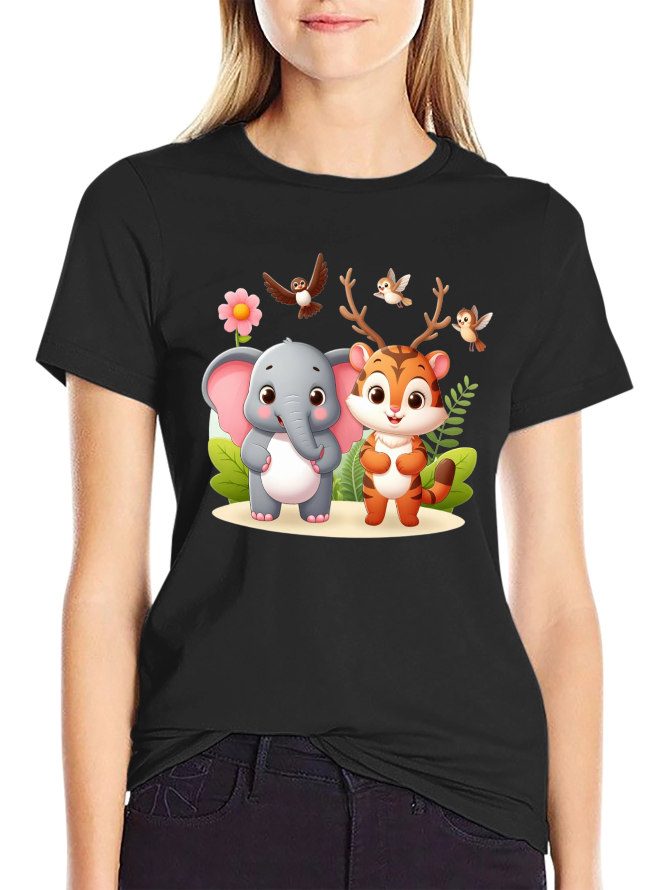 Cute Cartoon Animal Graphic Black T-Shirt