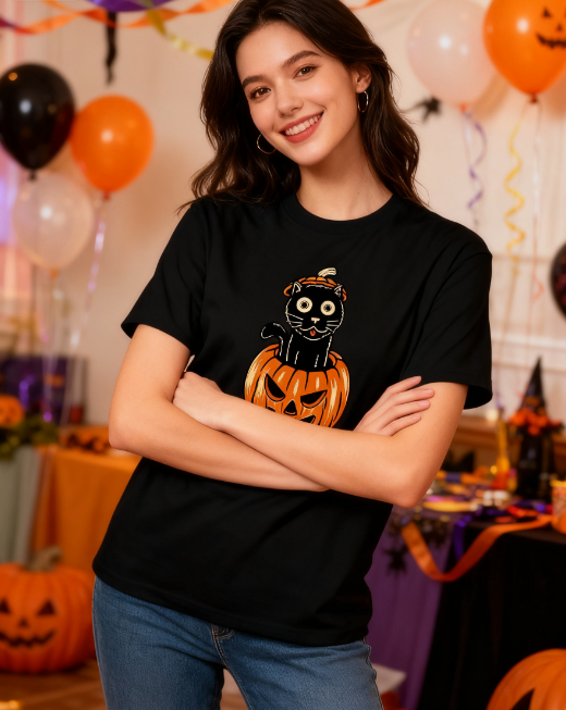 Halloween Black Cat Pumpkin 100% Cotton T-Shirt - Unisex Spooky Season Tee for All Occasions