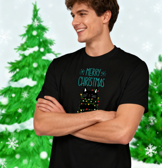 Merry Christmas Black Cat String Lights T-Shirt - 100% Cotton, Cute Festive Tee for Holiday & Casual Occasions